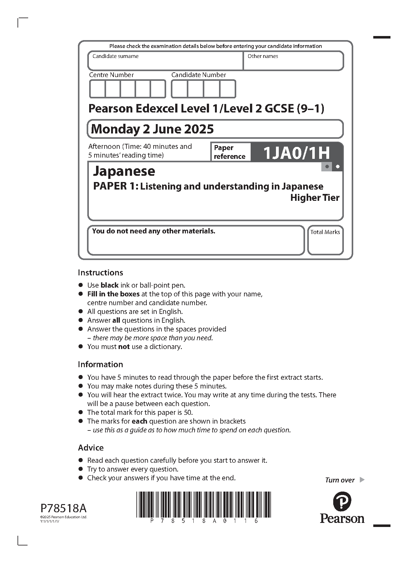 Pearson Edexcel GCSE Japanese Paper 1H 2025 Question Paper IMG-1