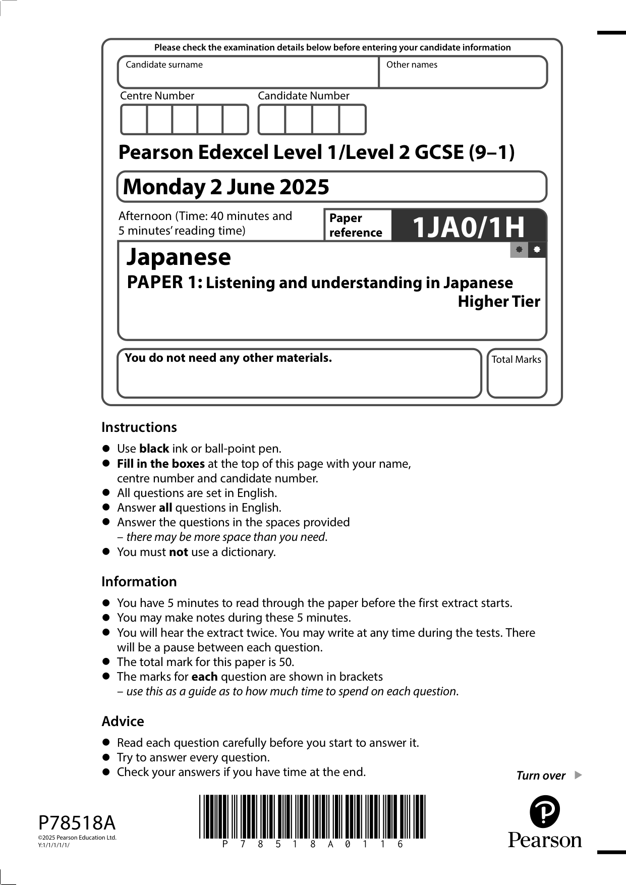 Pearson Edexcel GCSE Japanese Paper 1H 2025 Question Paper