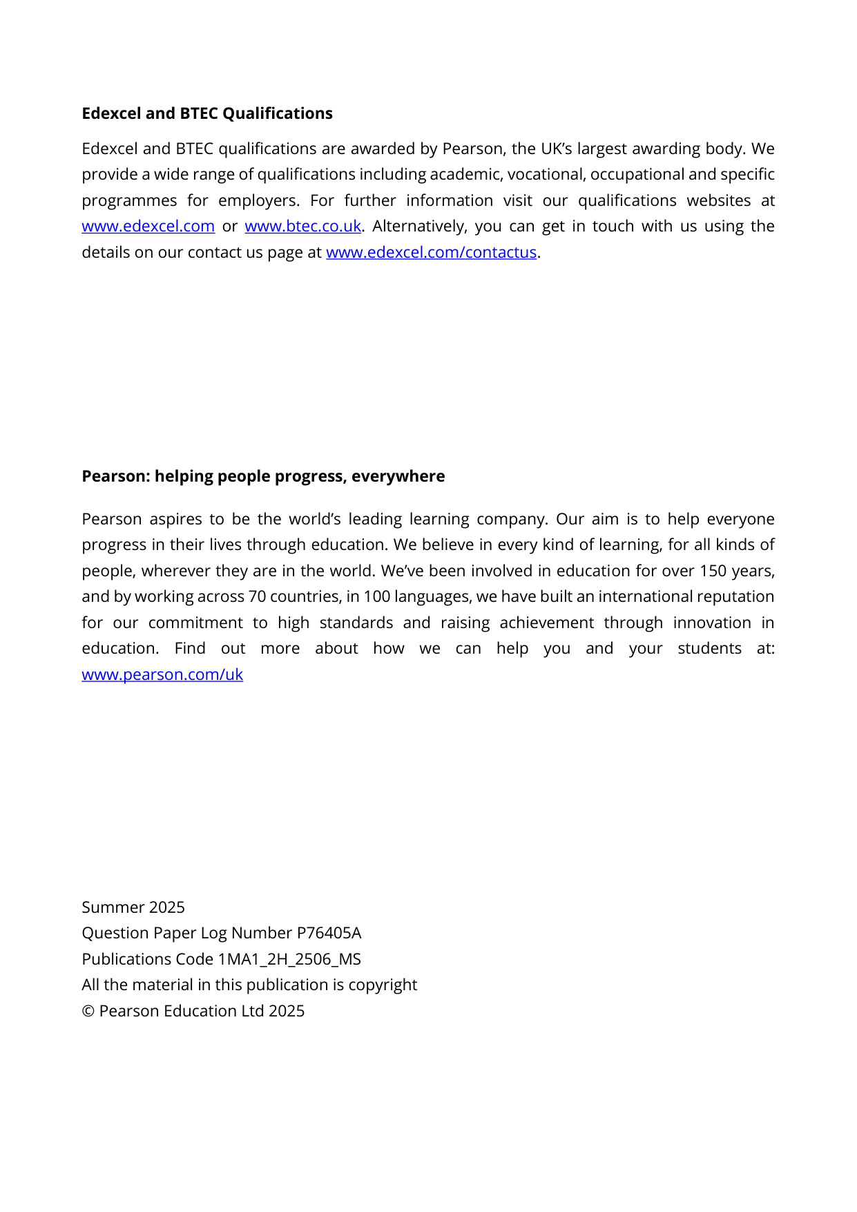 Pearson Edexcel GCSE Maths Paper 2H  mark scheme 2025