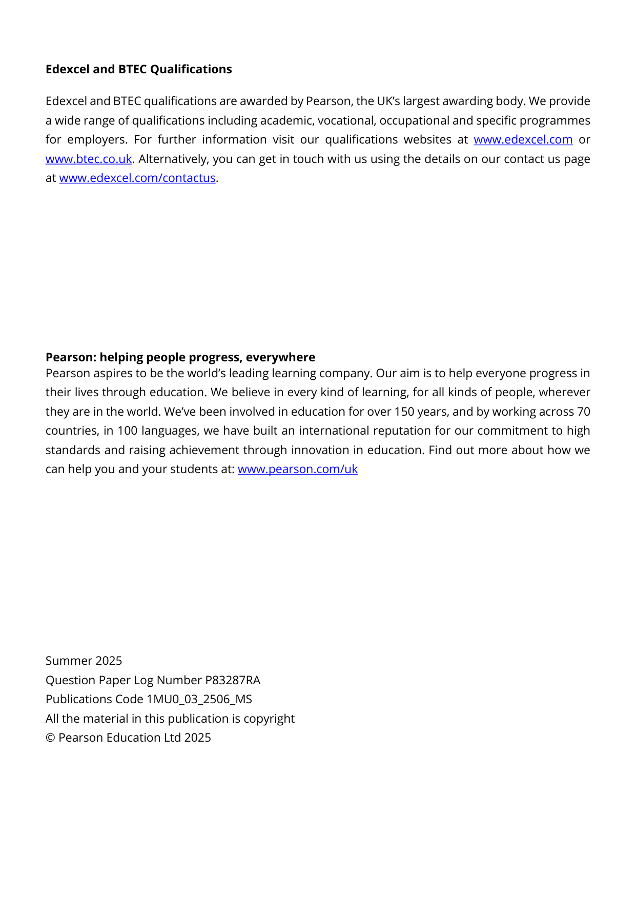 Pearson Edexcel GCSE Music Paper 3 Question Paper 2025