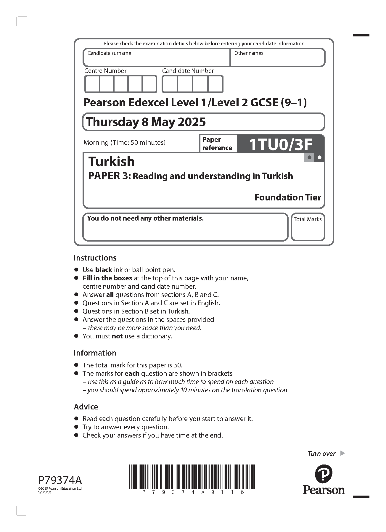 Pearson Edexcel GCSE Turkish Paper 3F 2025 Question Paper IMG-1
