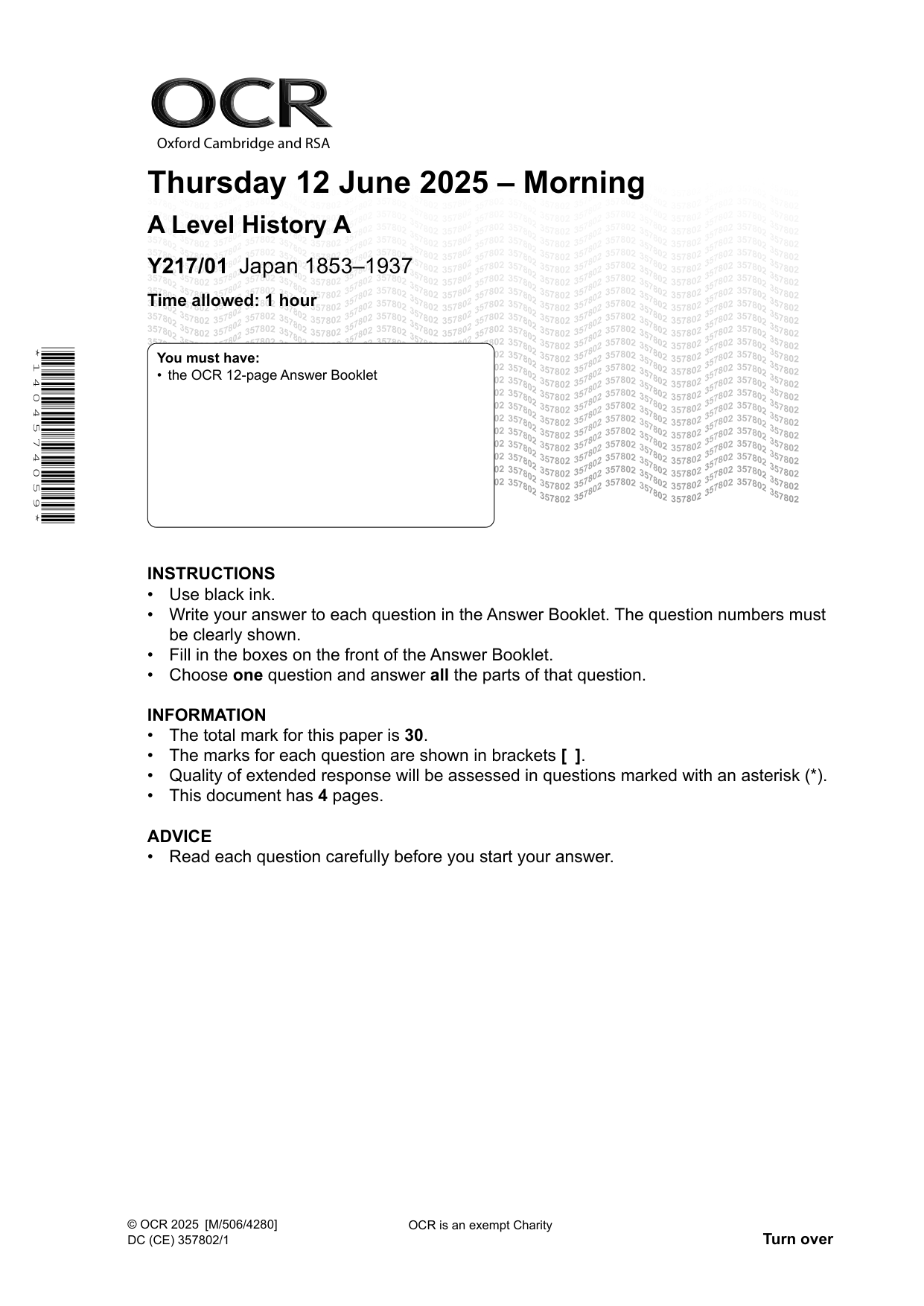OCR A Level History A Japan 1853-1937 2025 Question Paper