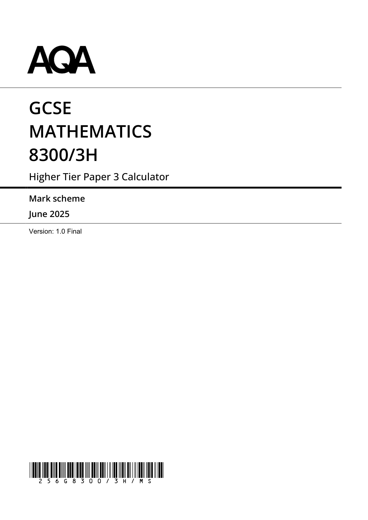 AQA GCSE Maths Paper 3H 2025 Mark Scheme PDF
