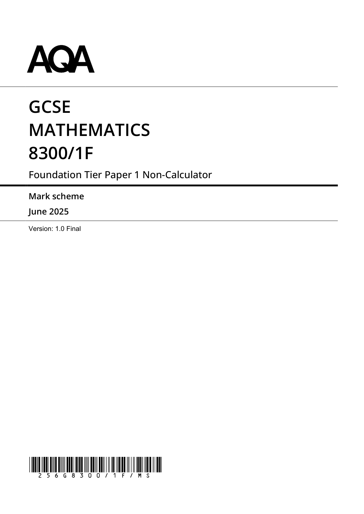 AQA GCSE Maths Paper 1 2025 Mark Scheme PDF