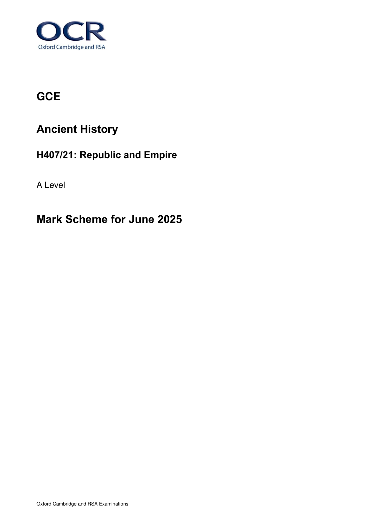 OCR A Level Ancient History Paper 21 2025 Mark Scheme