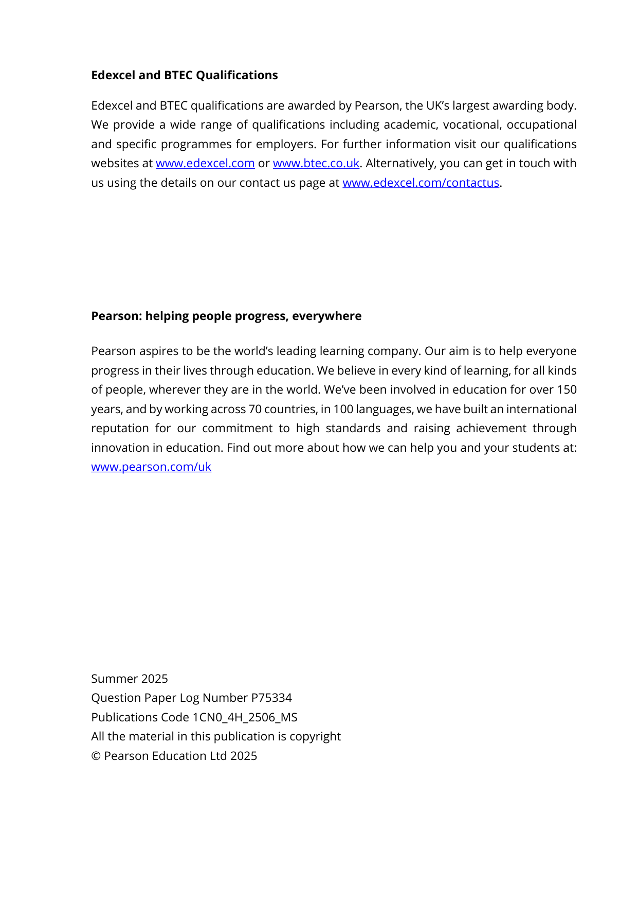 Pearson Edexcel GCSE Chinese Paper 4 2025 Mark Scheme