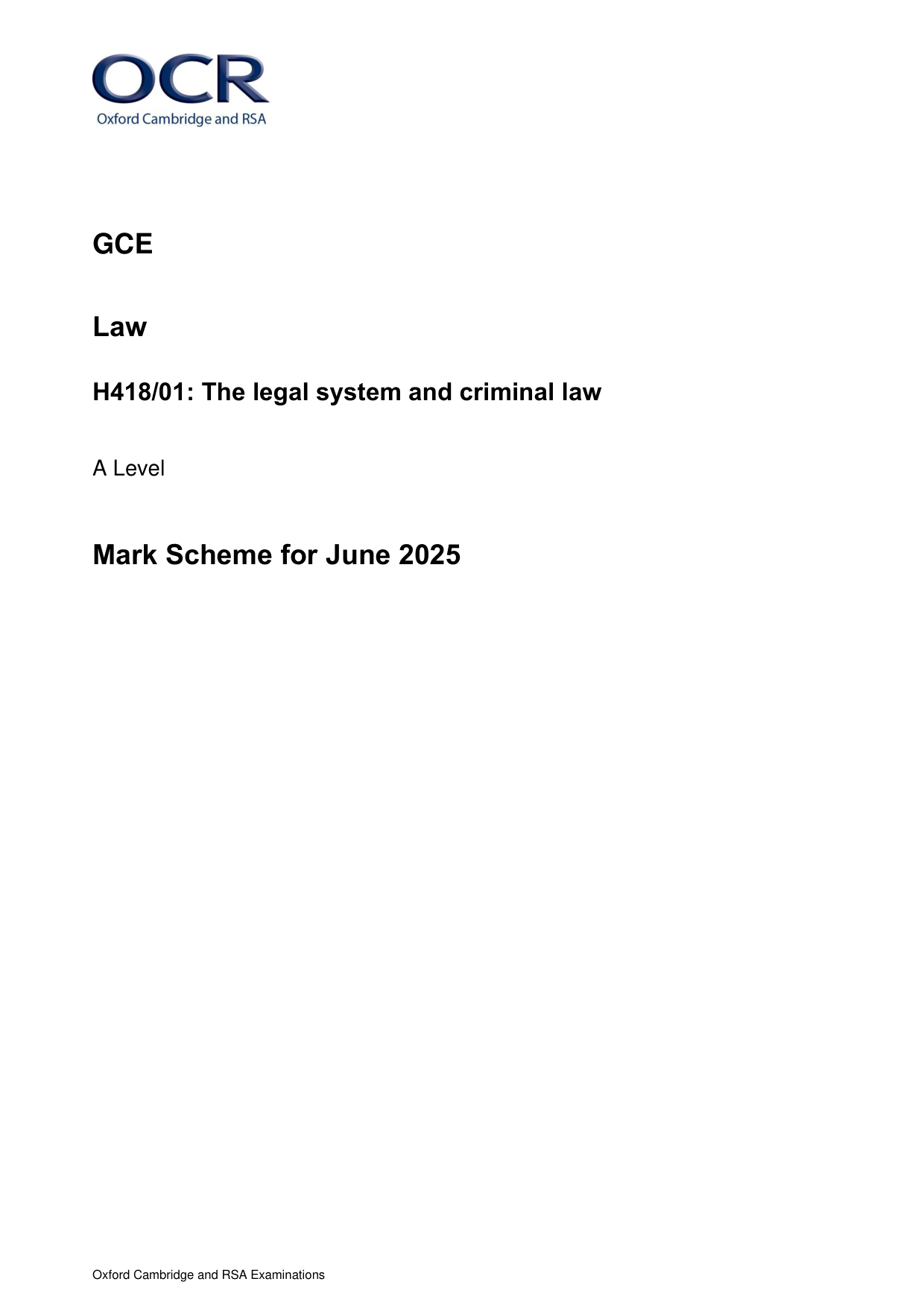 OCR A Level Law Paper 1 2025 Mark Scheme Download