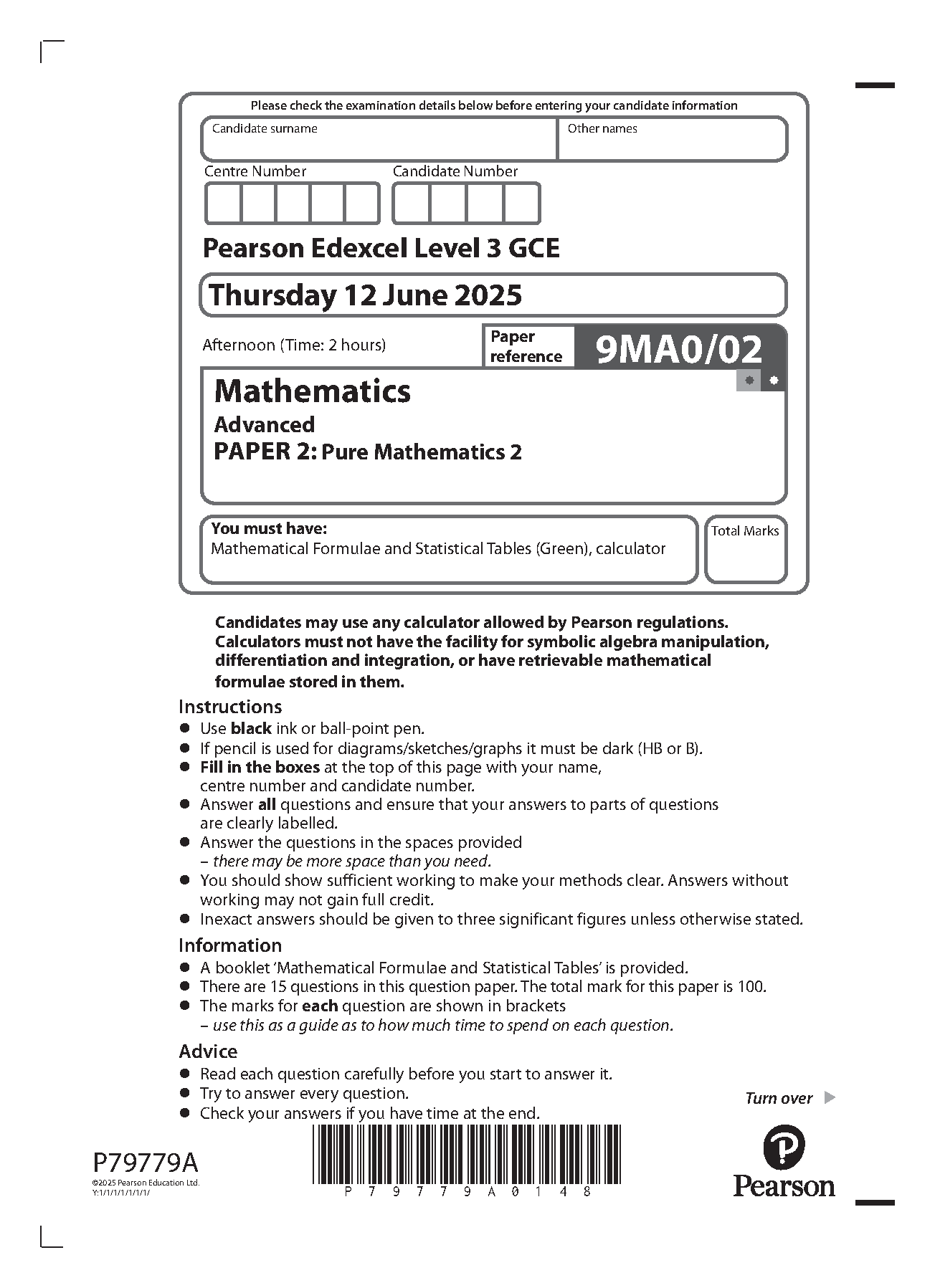 Pearson Edexcel A Level Mathematics Paper 2 2025 QP IMG-1
