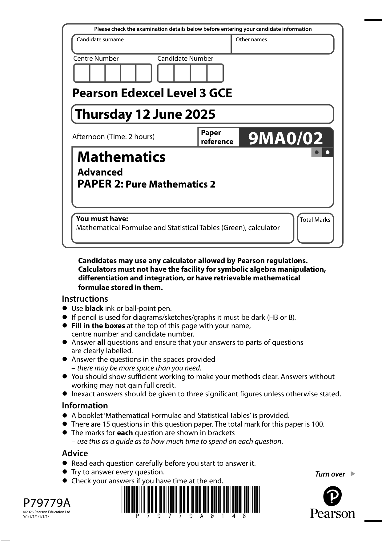 Pearson Edexcel A Level Mathematics Paper 2 2025 QP