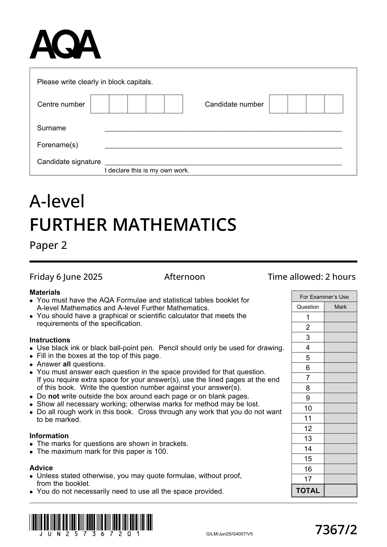 AQA Further Mathematics Paper 2 2025 Question Paper PDF