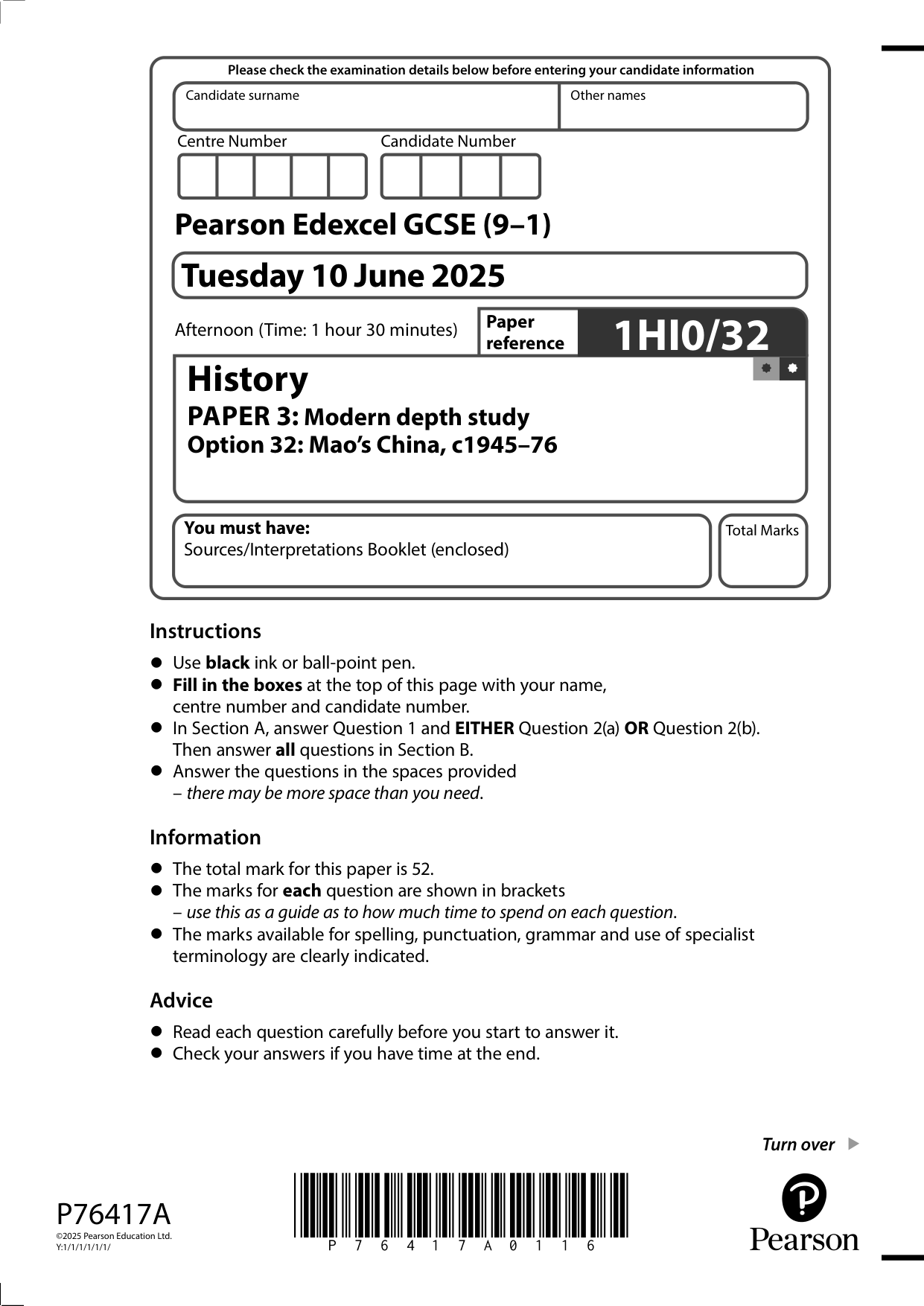 Pearson Edexcel GCSE History Paper B4 2025 Mark Scheme