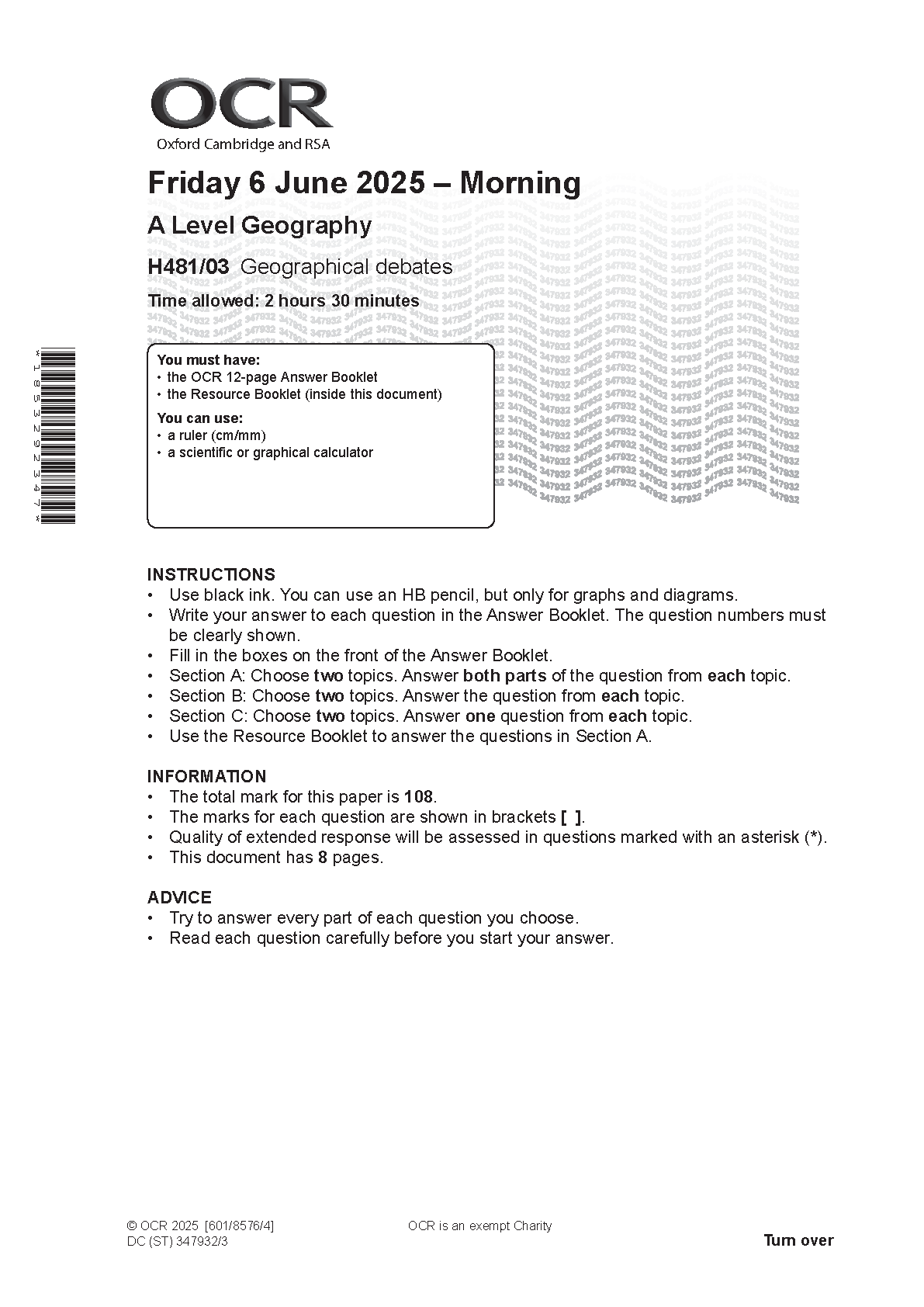 OCR A-Level Geography Paper 3 2025 Question Paper