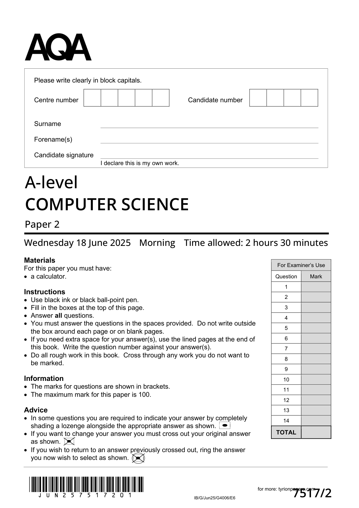 AQA A Level Computer Science Paper 2 2025 Question Paper
