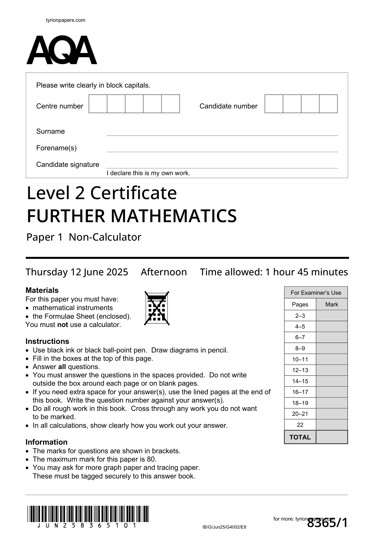 AQA GCSE Further Maths Paper  1 2025 Question Paper