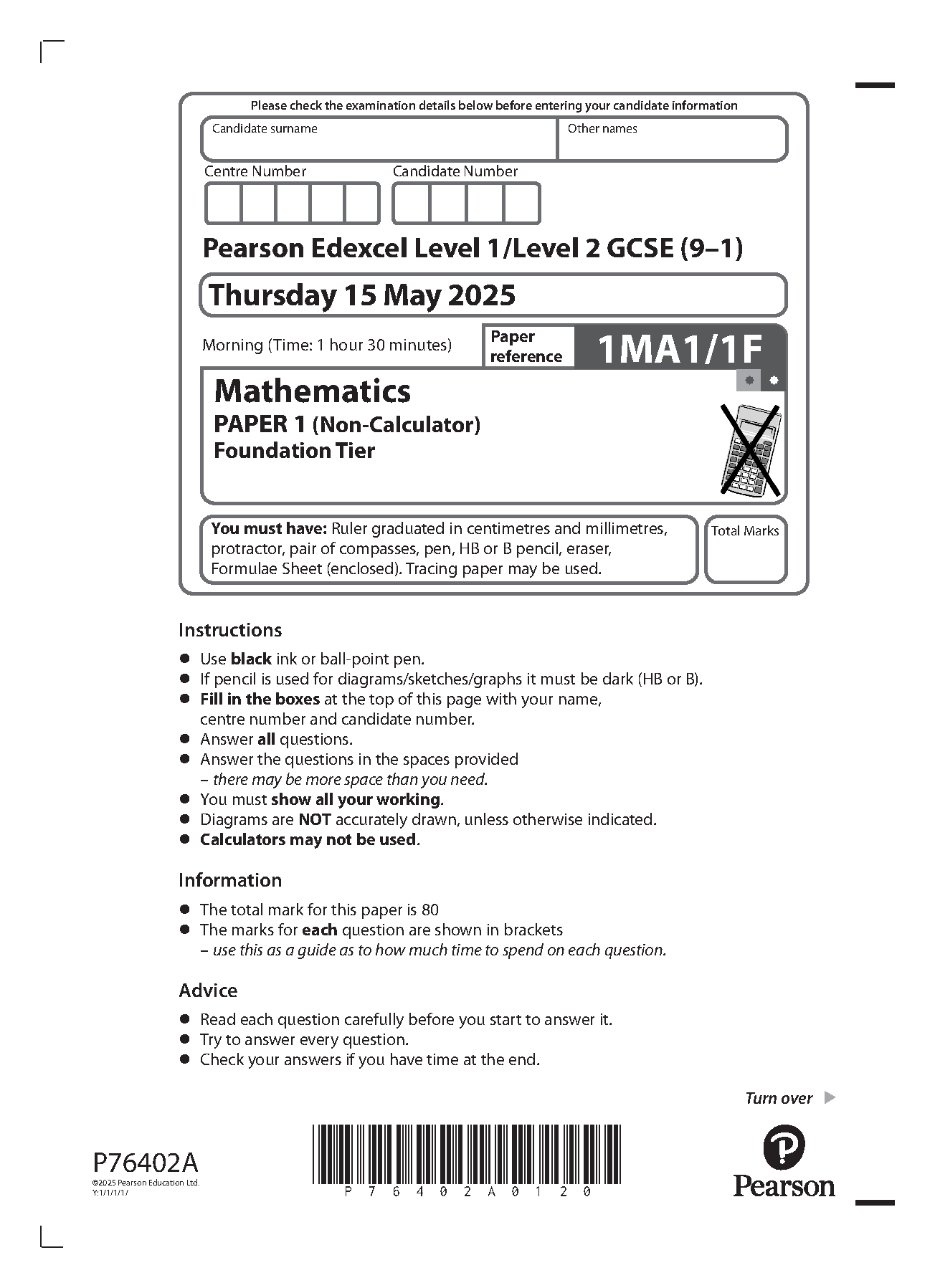 Pearson Edexcel GCSE Maths Paper 1F 2025 Question Paper PDF IMG-1