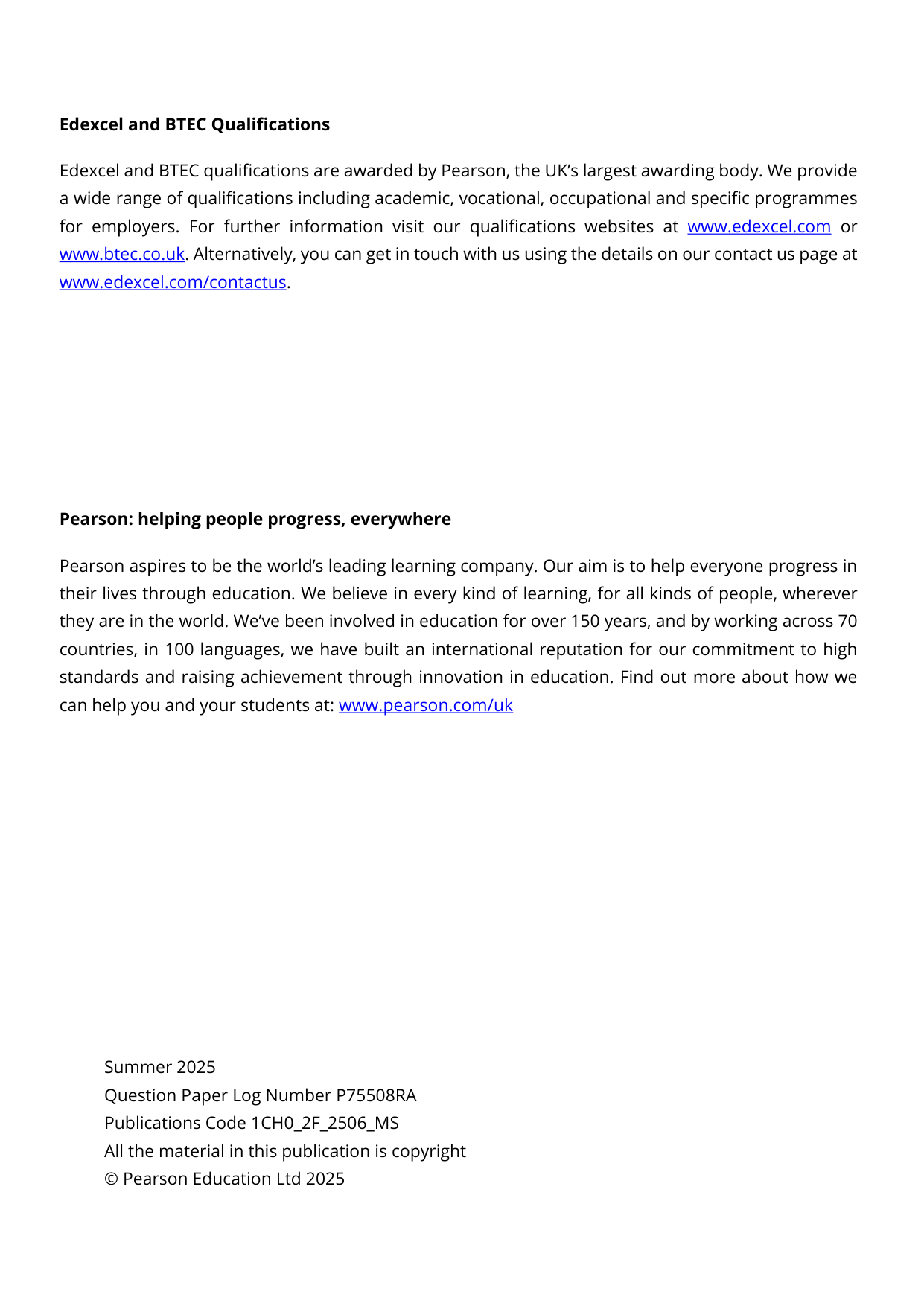 Pearson Edexcel GCSE Chemistry Paper 2F 2025 Mark Scheme