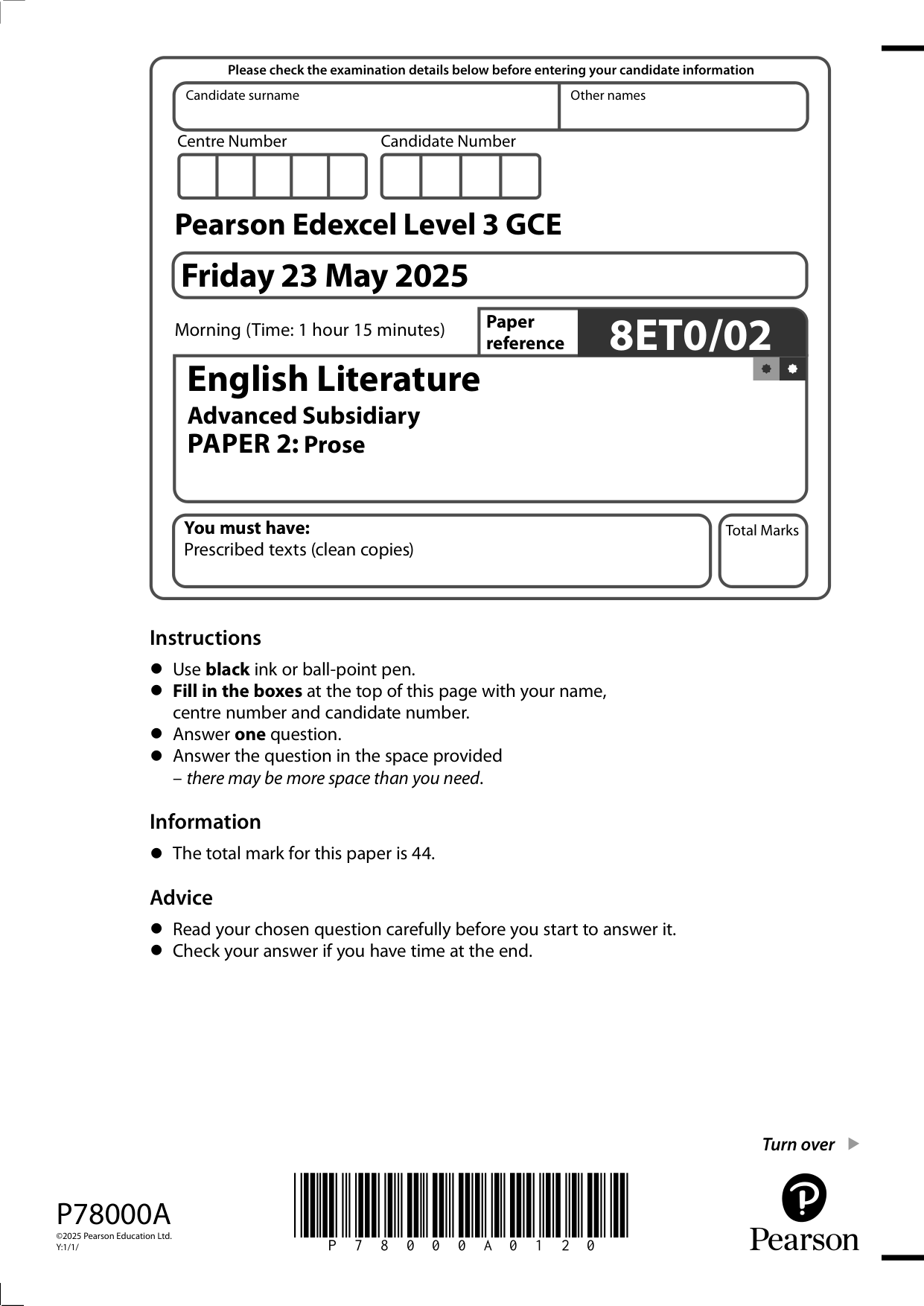 Pearson Edexcel AS English Literature 2025 Paper 2 QP PDF
