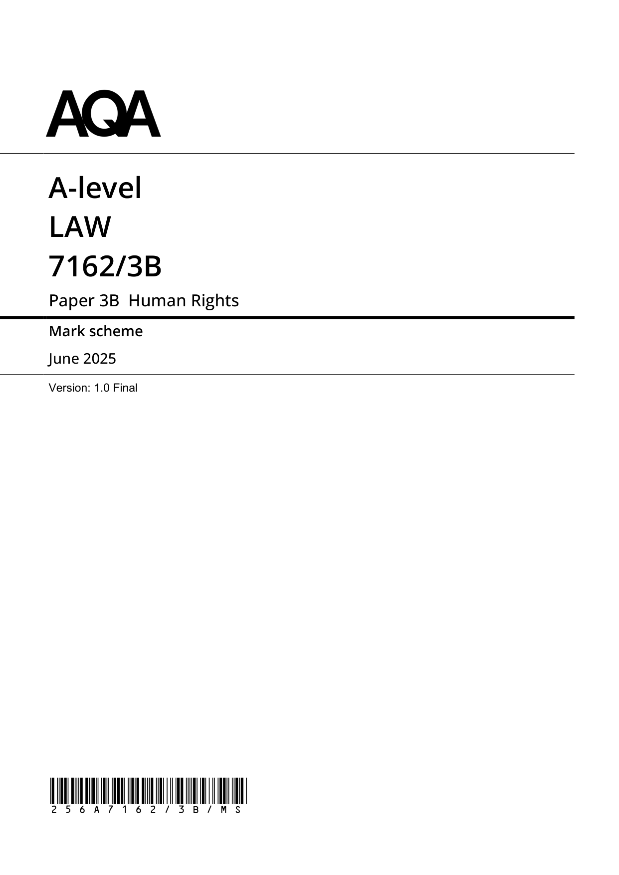AQA A Level Law Paper 3B 2025 Mark Scheme