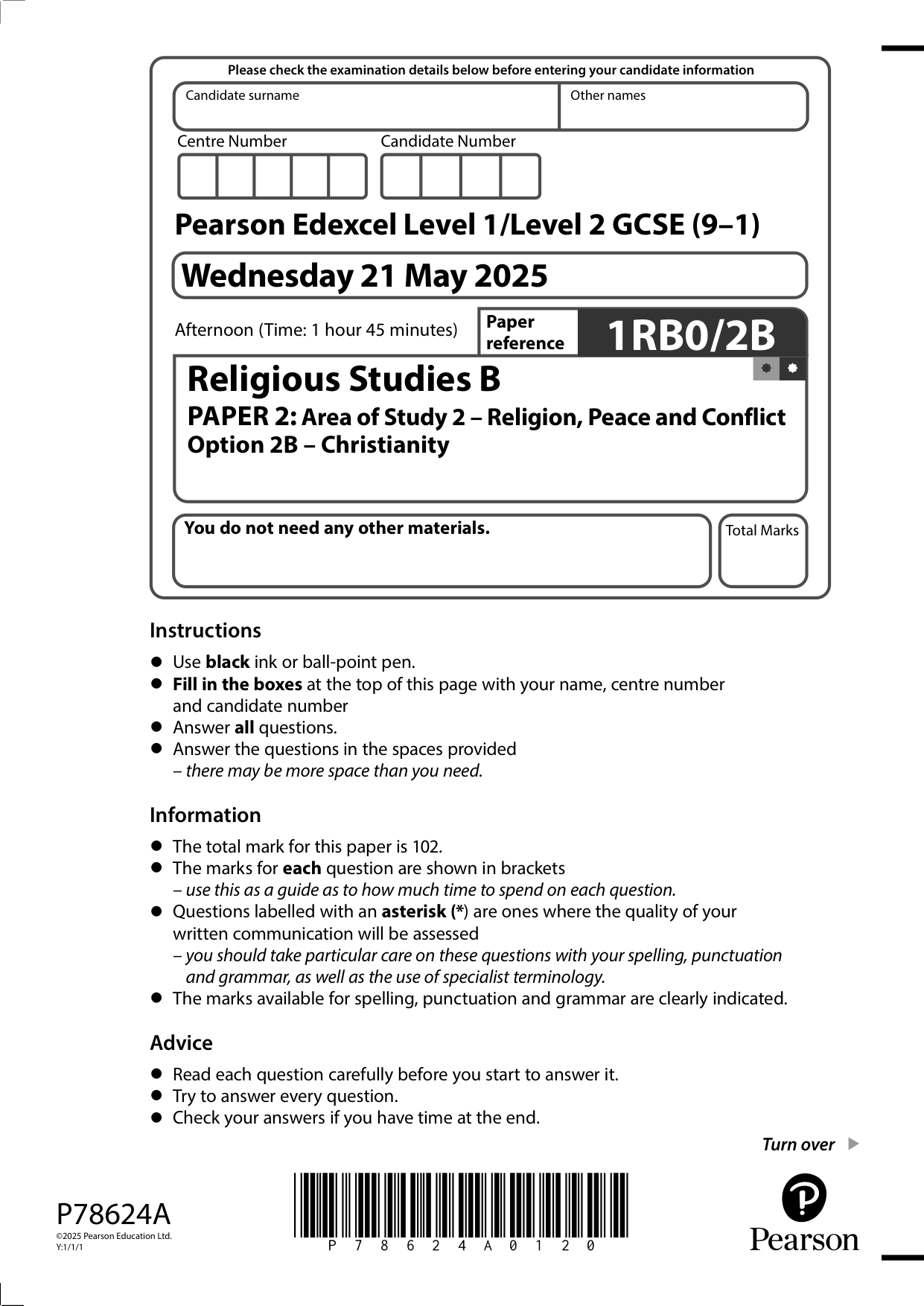 Pearson Edexcel GCSE Religious Studies B Paper 2b 2025 QP
