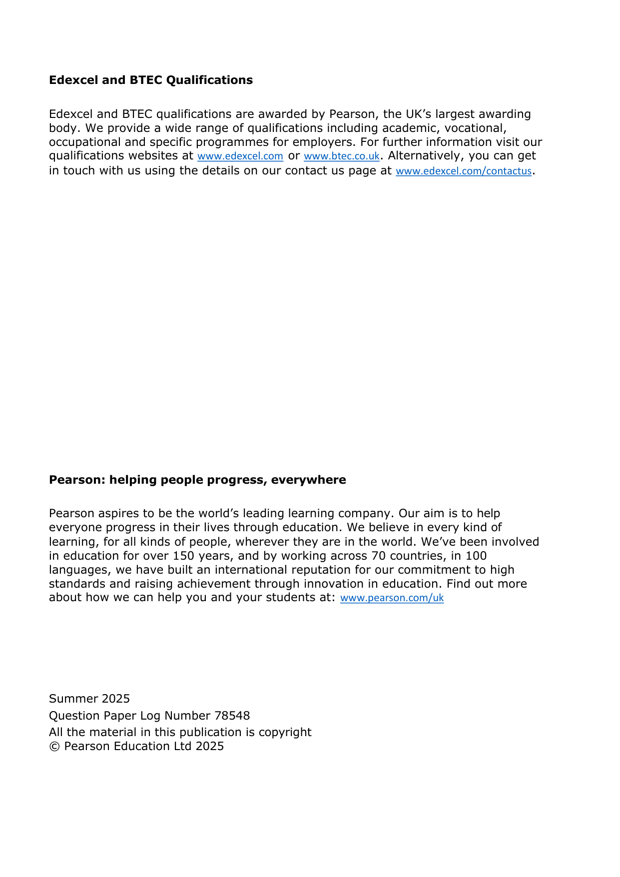 Pearson Edexcel GCSE Spanish Paper 1H 2025 Mark Scheme