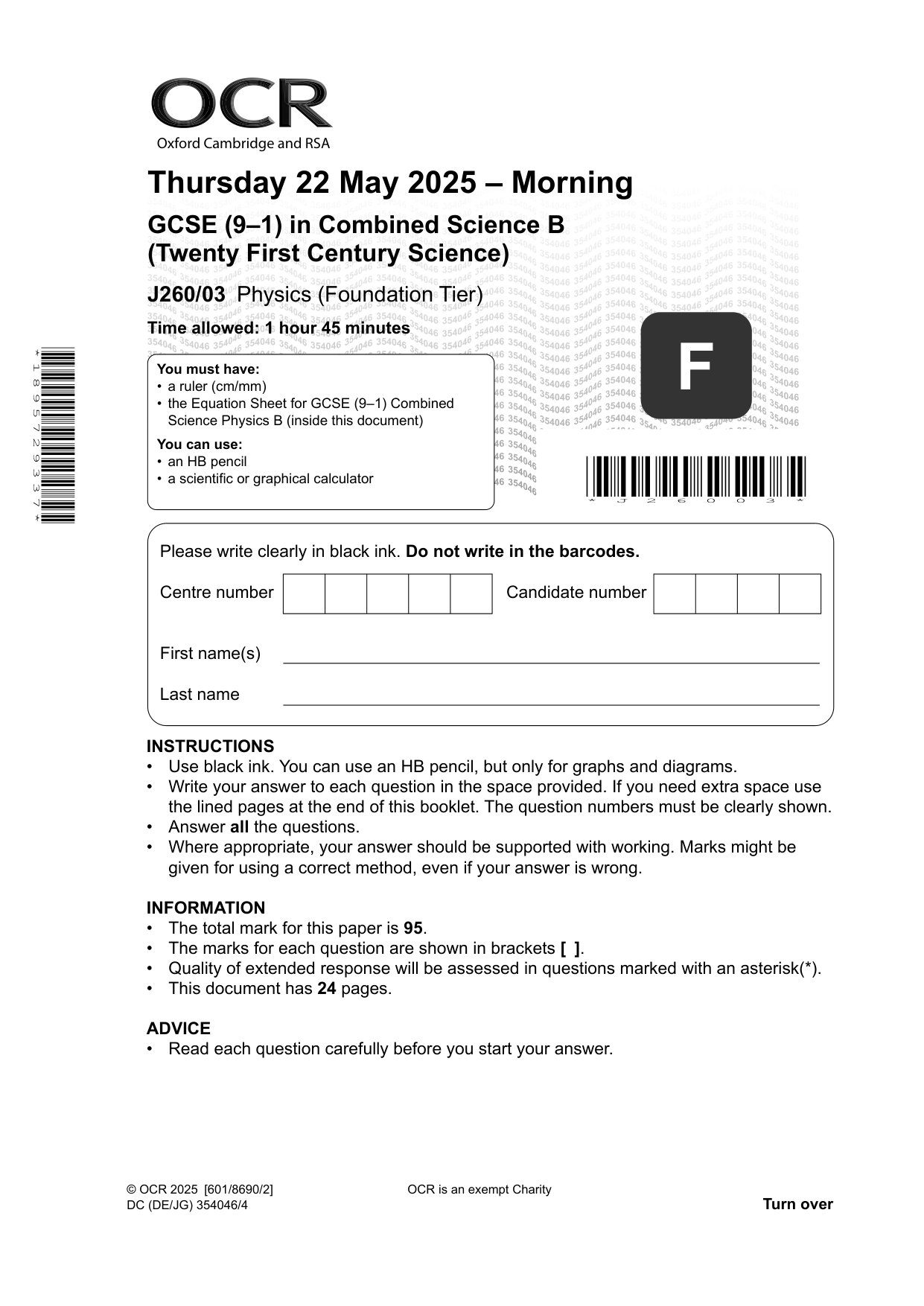 OCR GCSE Combined Science b Physics Paper 3 2025 QP