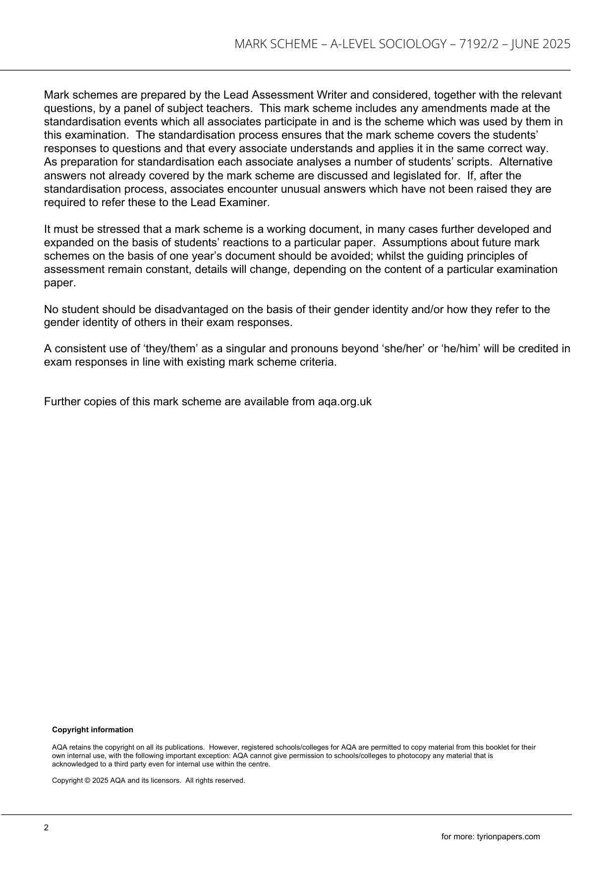 AQA A Level Sociology Paper 2 2025 Mark Scheme
