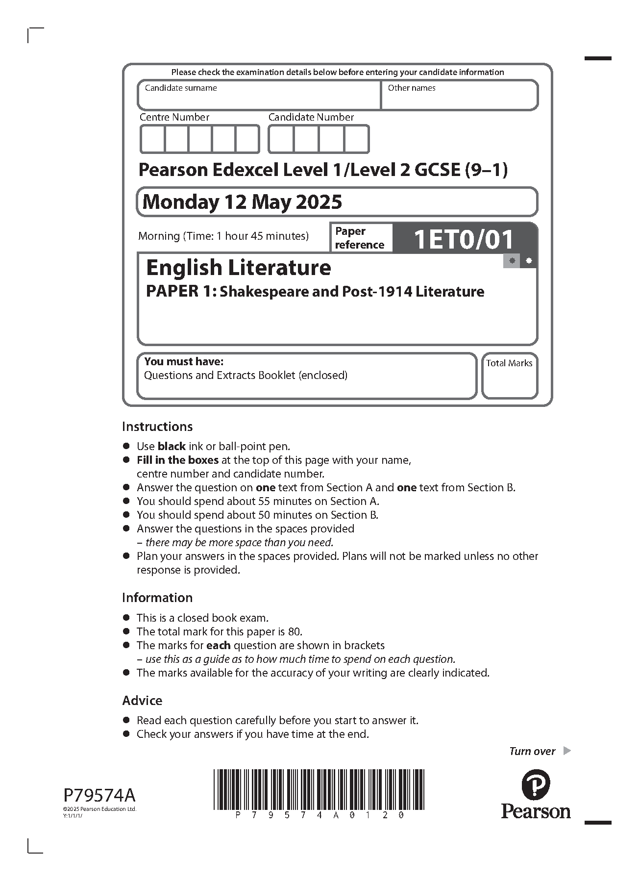 Pearson Edexcel GCSE English Literature Paper 1 2025 QP PDF