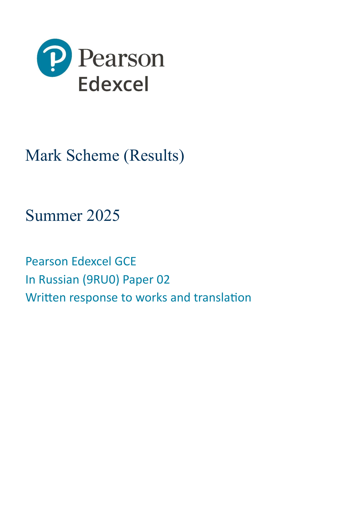 Pearson Edexcel A Level Russian Paper 2 2025 Mark Scheme