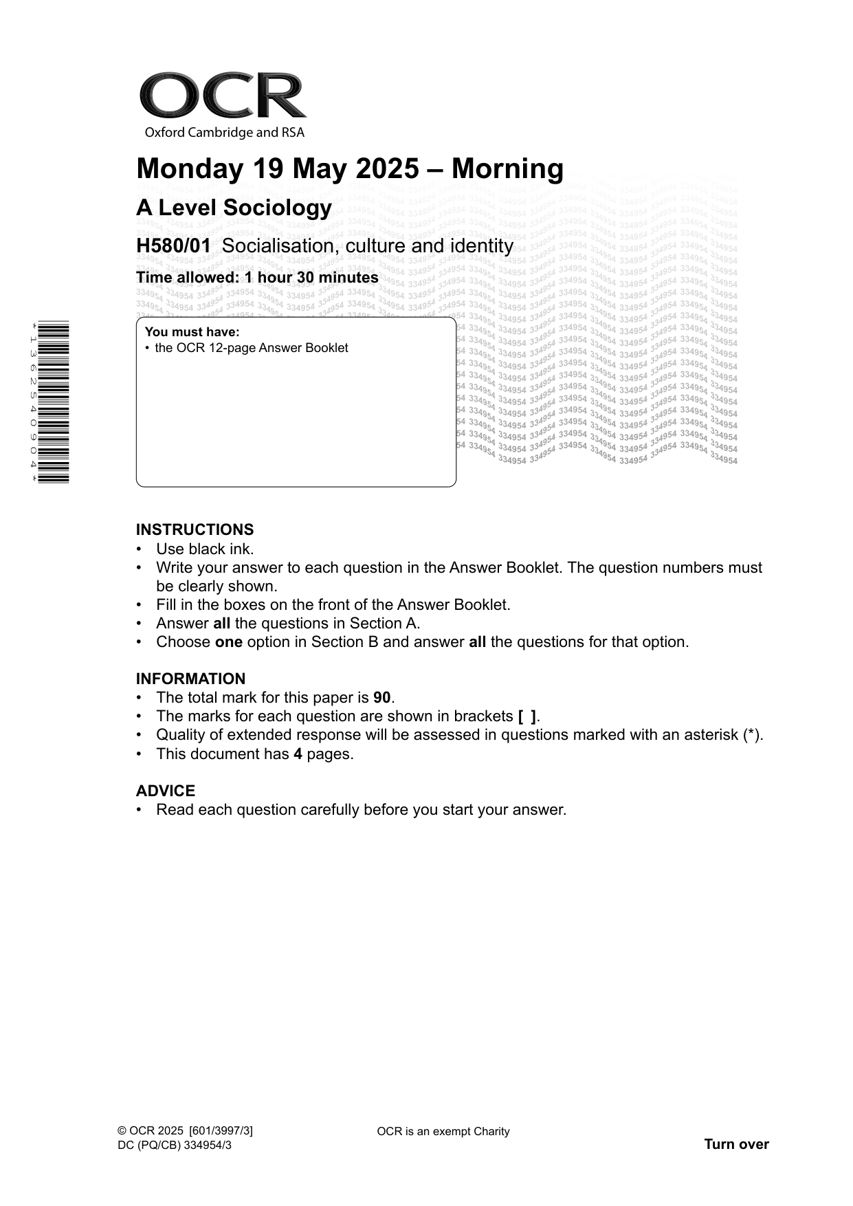 OCR A Level Sociology Paper 1 2025 Question Paper