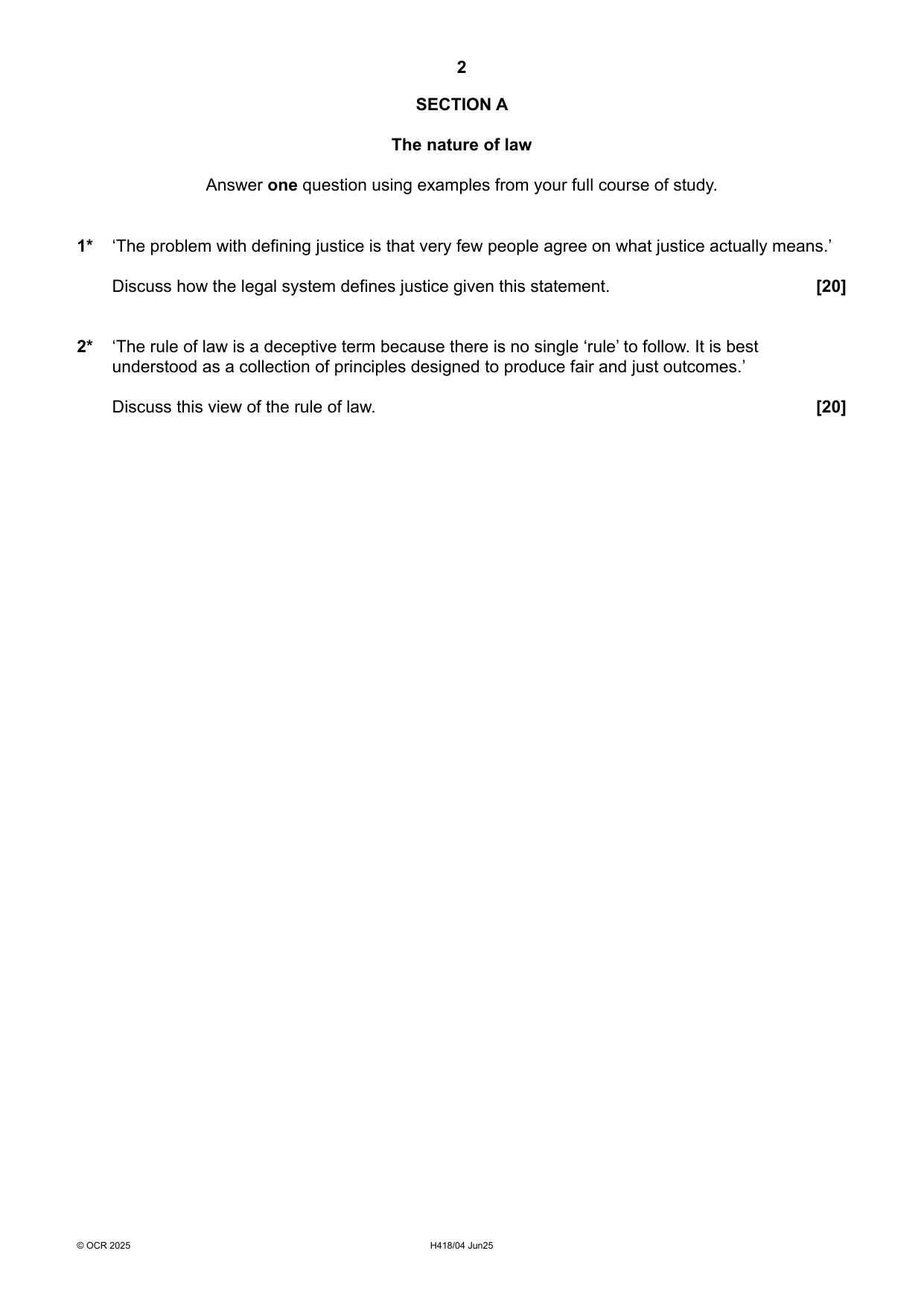 OCR A Level Law  Paper 4 2025 Question Paper