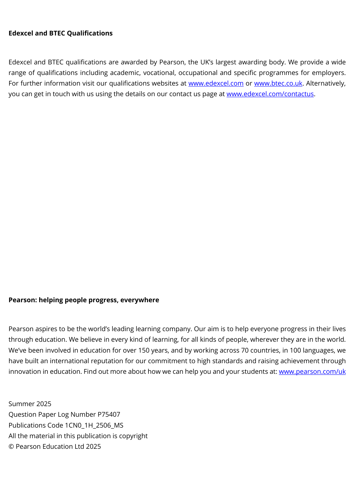 Pearson Edexcel GCSE Chinese Paper 1H 2025 Mark Scheme