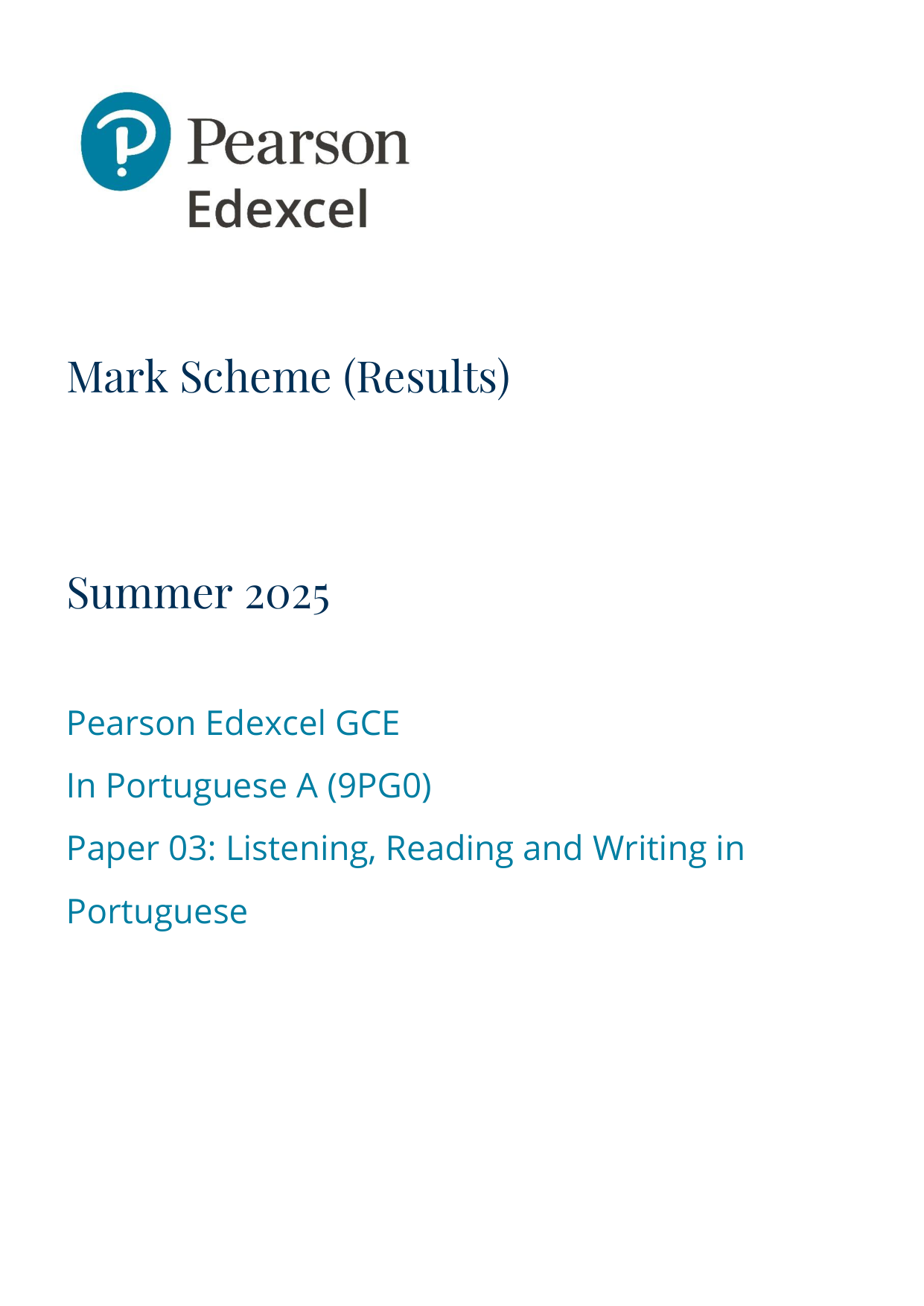 Pearson Edexcel A Level Portuguese 2025 Paper 3 Mark Scheme