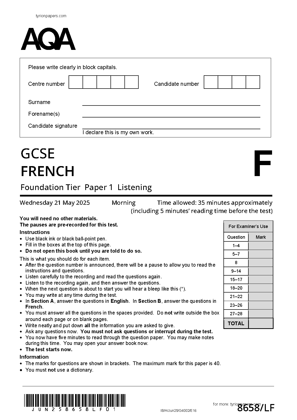 AQA GCSE French LF 2025 Listening Paper PDF IMG-1