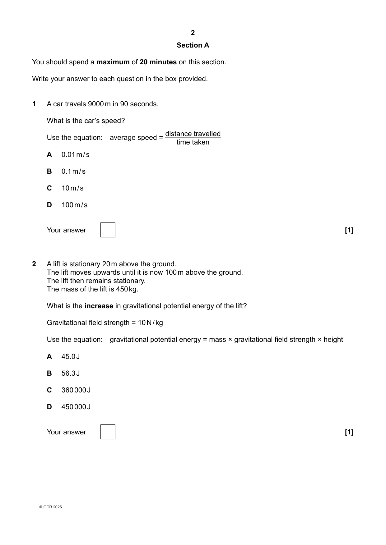 OCR GCSE Combined Science Physics Paper 11 2025 QP