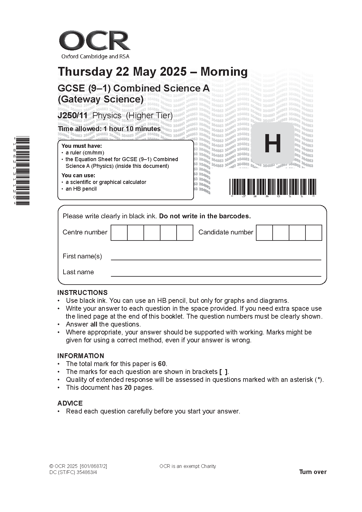 OCR GCSE Combined Science Physics Paper 11 2025 QP