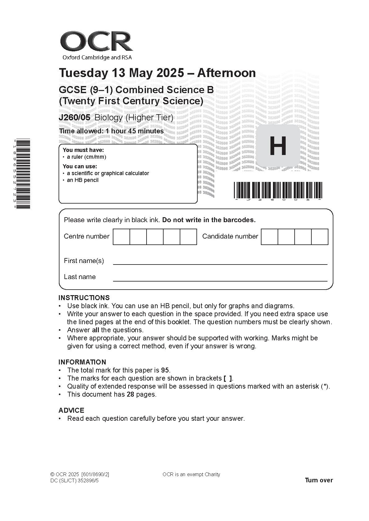 OCR GCSE Combined Science Biology Paper 5 2025 QP
