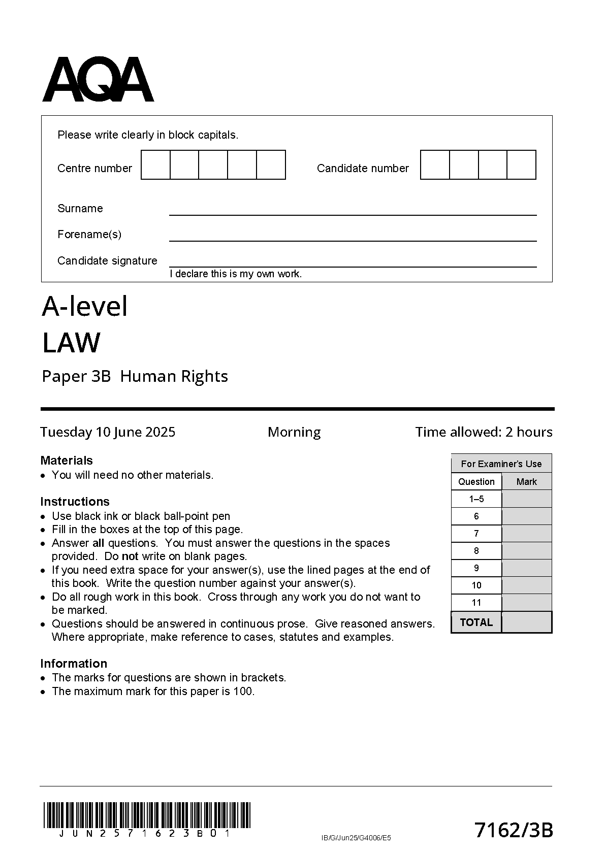 AQA A Level Law Paper 3B  2025 QP PDF