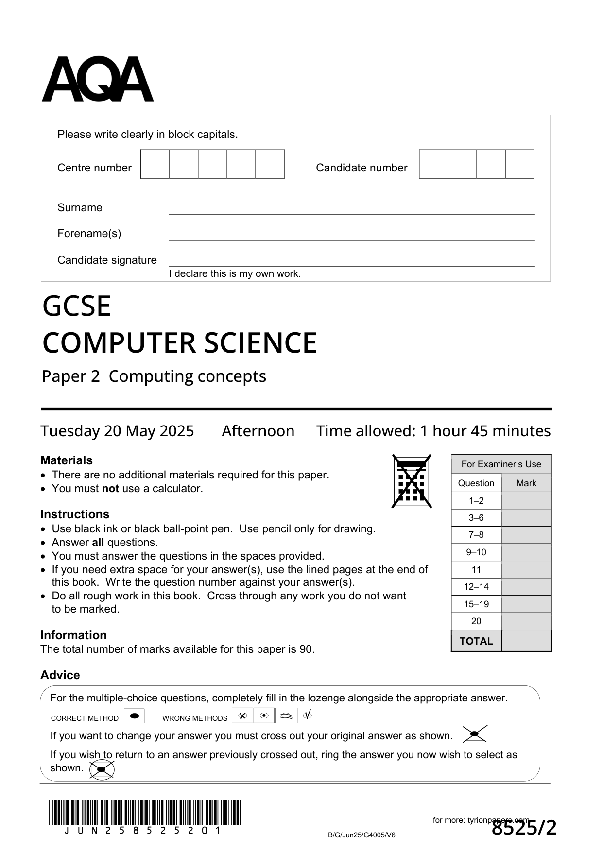 AQA GCSE Computer Science Paper 2 2025 QP PDF