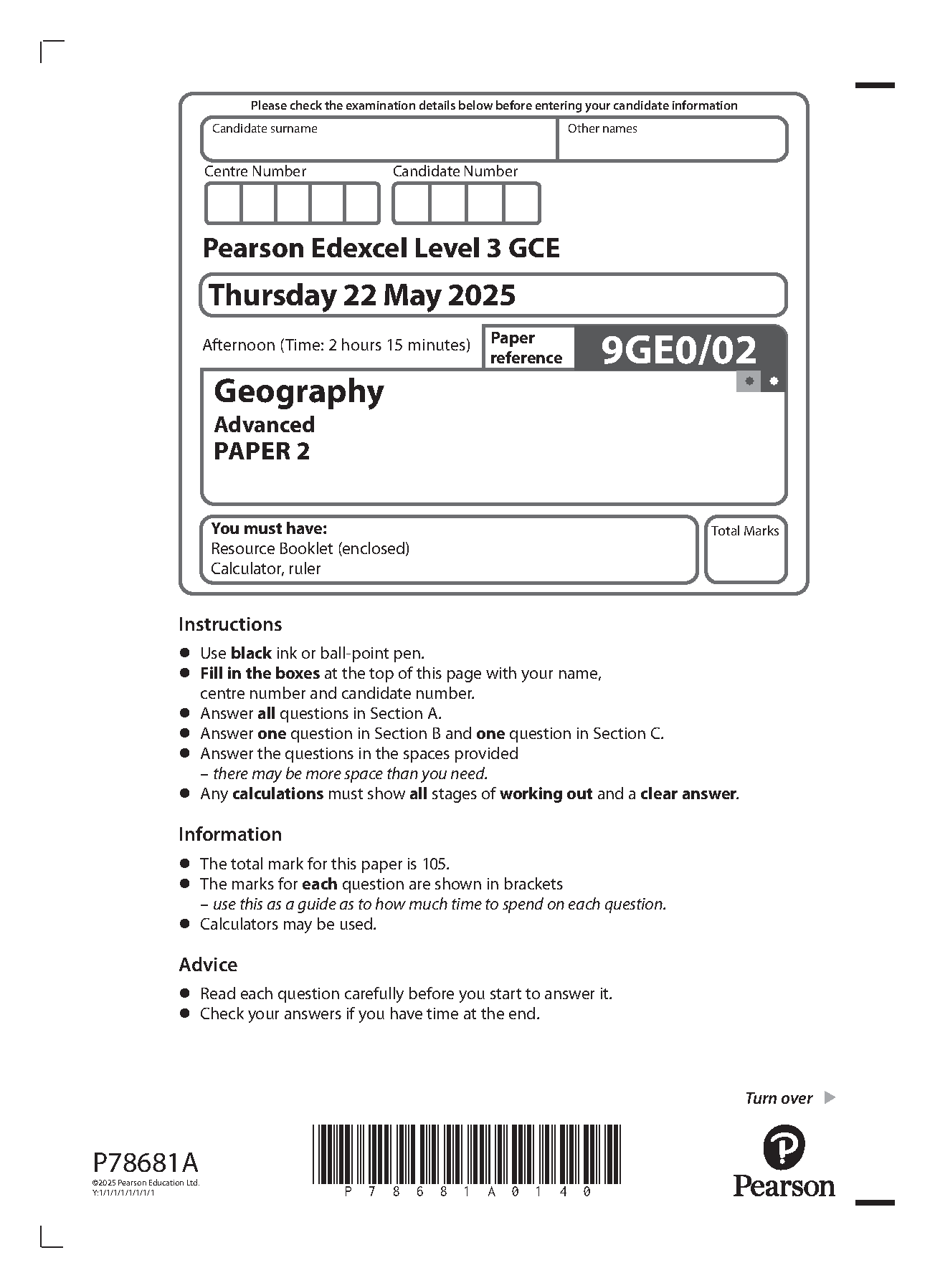 Pearson Edexcel A Level Geography 2025 Paper 2 QP IMG-1