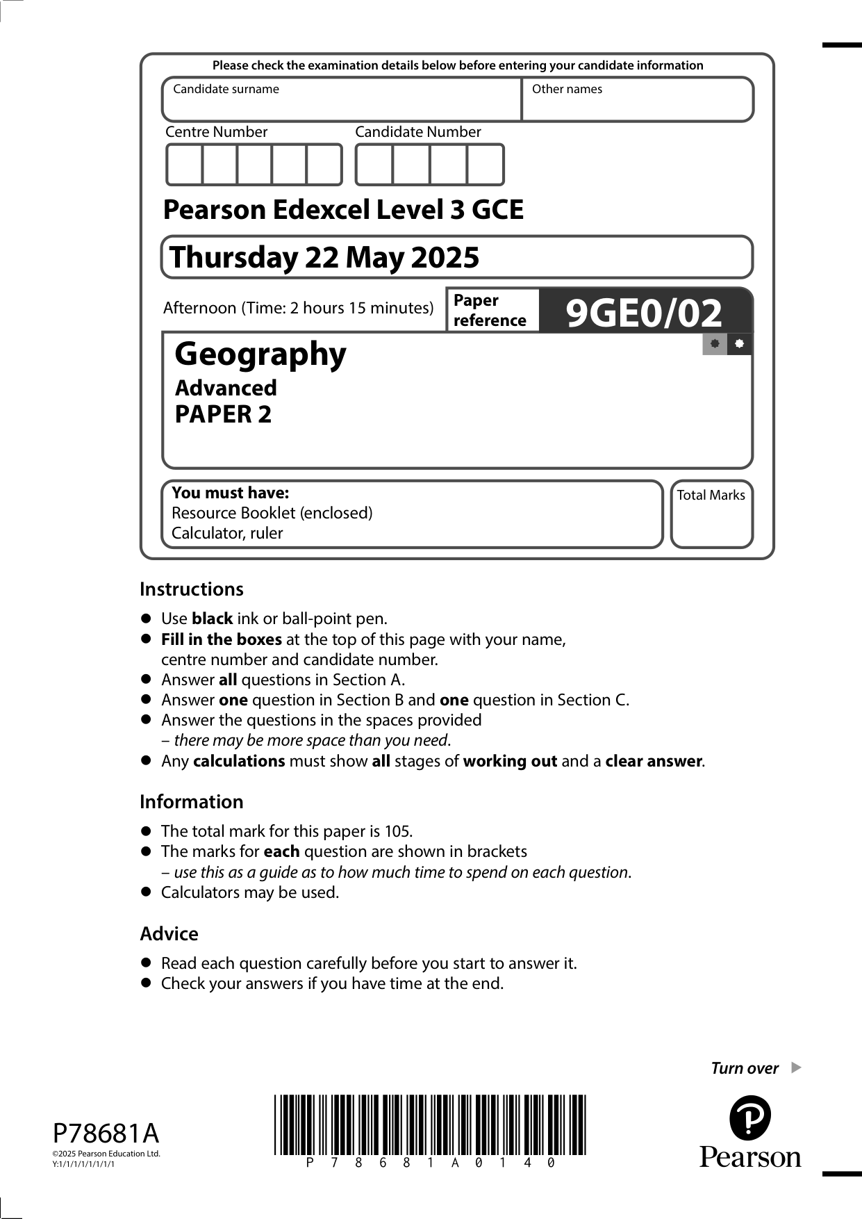 Pearson Edexcel A Level Geography 2025 Paper 2 QP