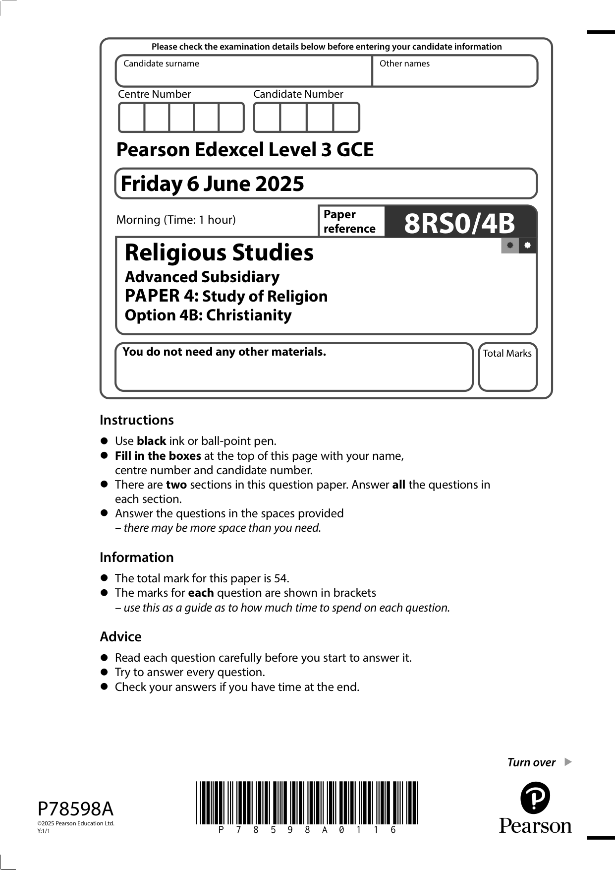 Pearson Edexcel AS Religious Studies Paper 4B 2025 QP