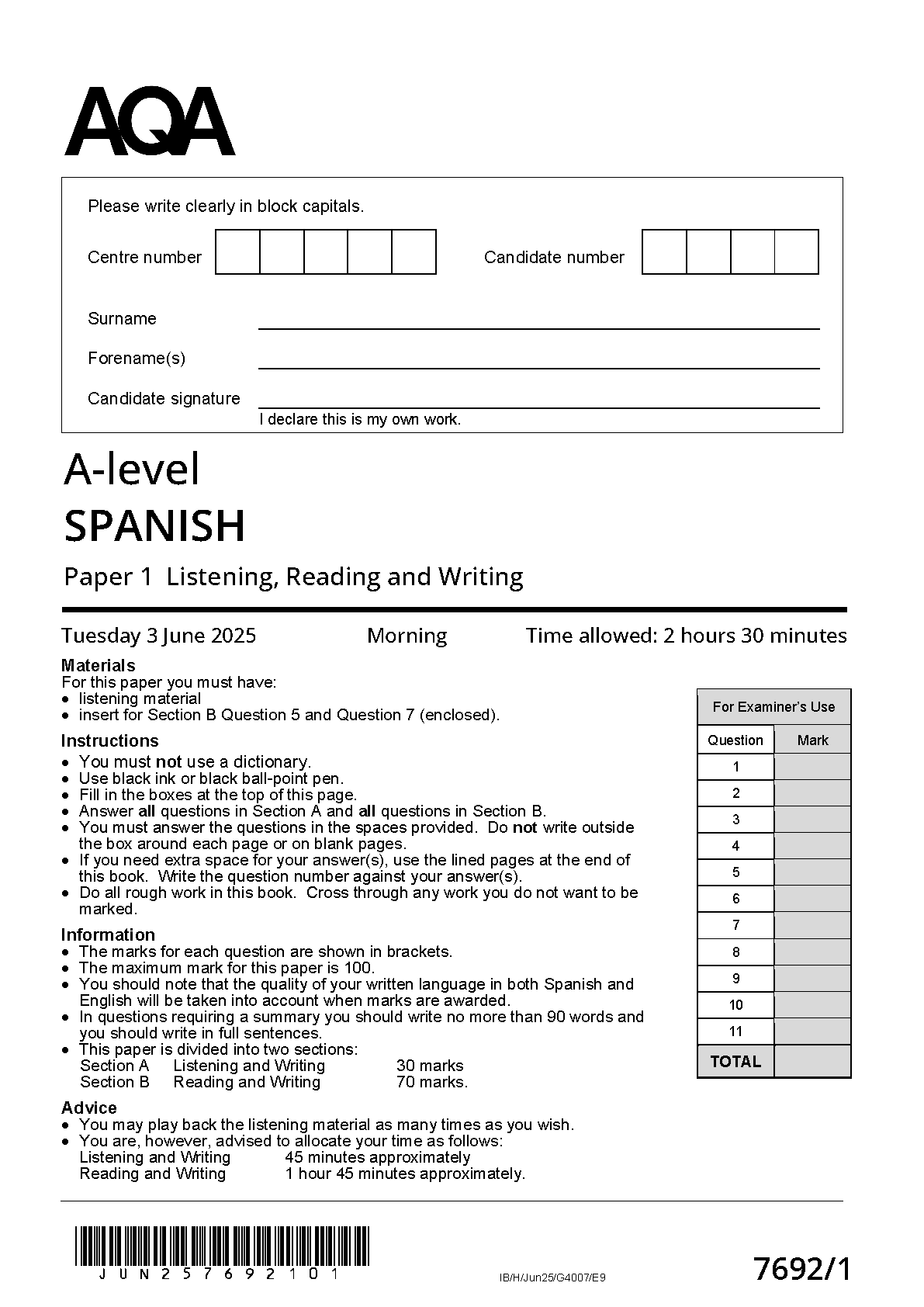 AQA A Level Spanish Paper 1 2025 Question Paper IMG-1