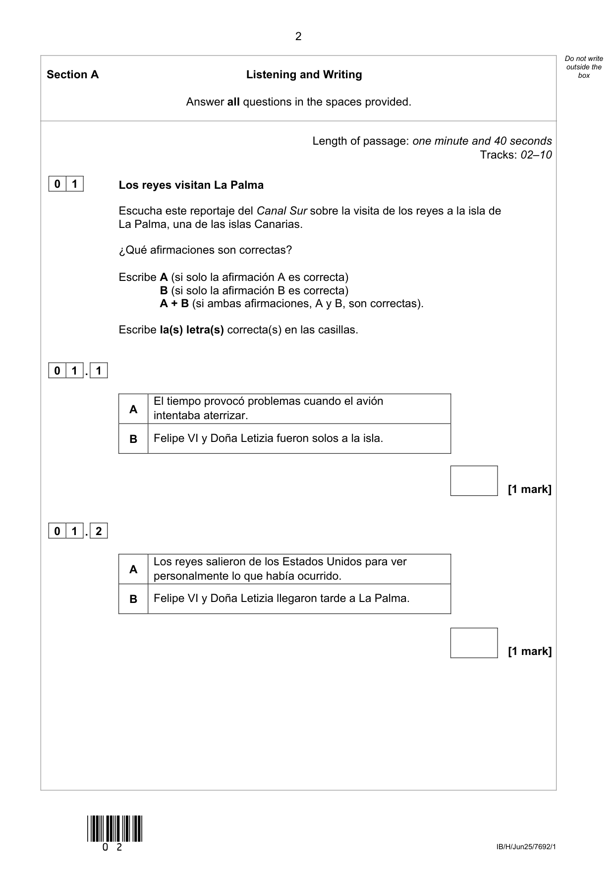 AQA A Level Spanish Paper 1 2025 Question Paper