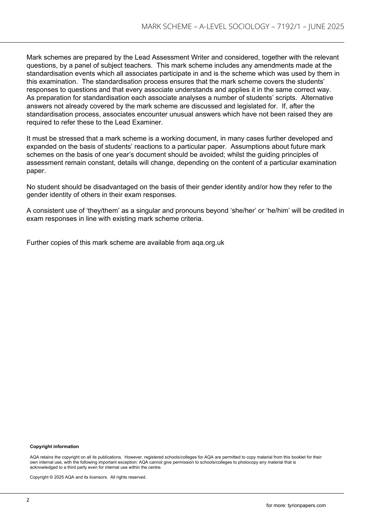 AQA A Level Sociology Paper 1 2025 Mark Scheme