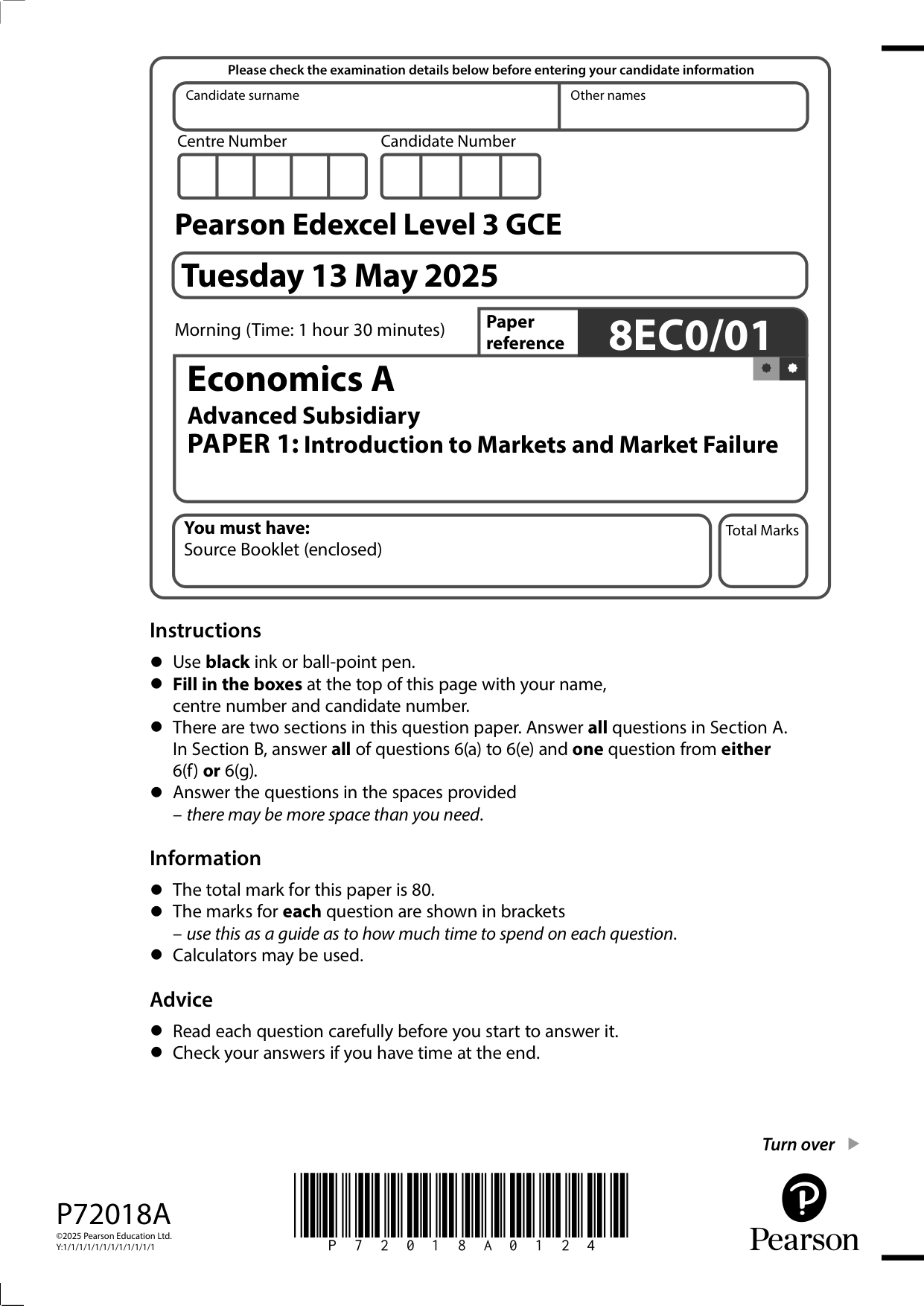 Pearson Edexcel AS Economics A Paper 1 2025 Question Paper