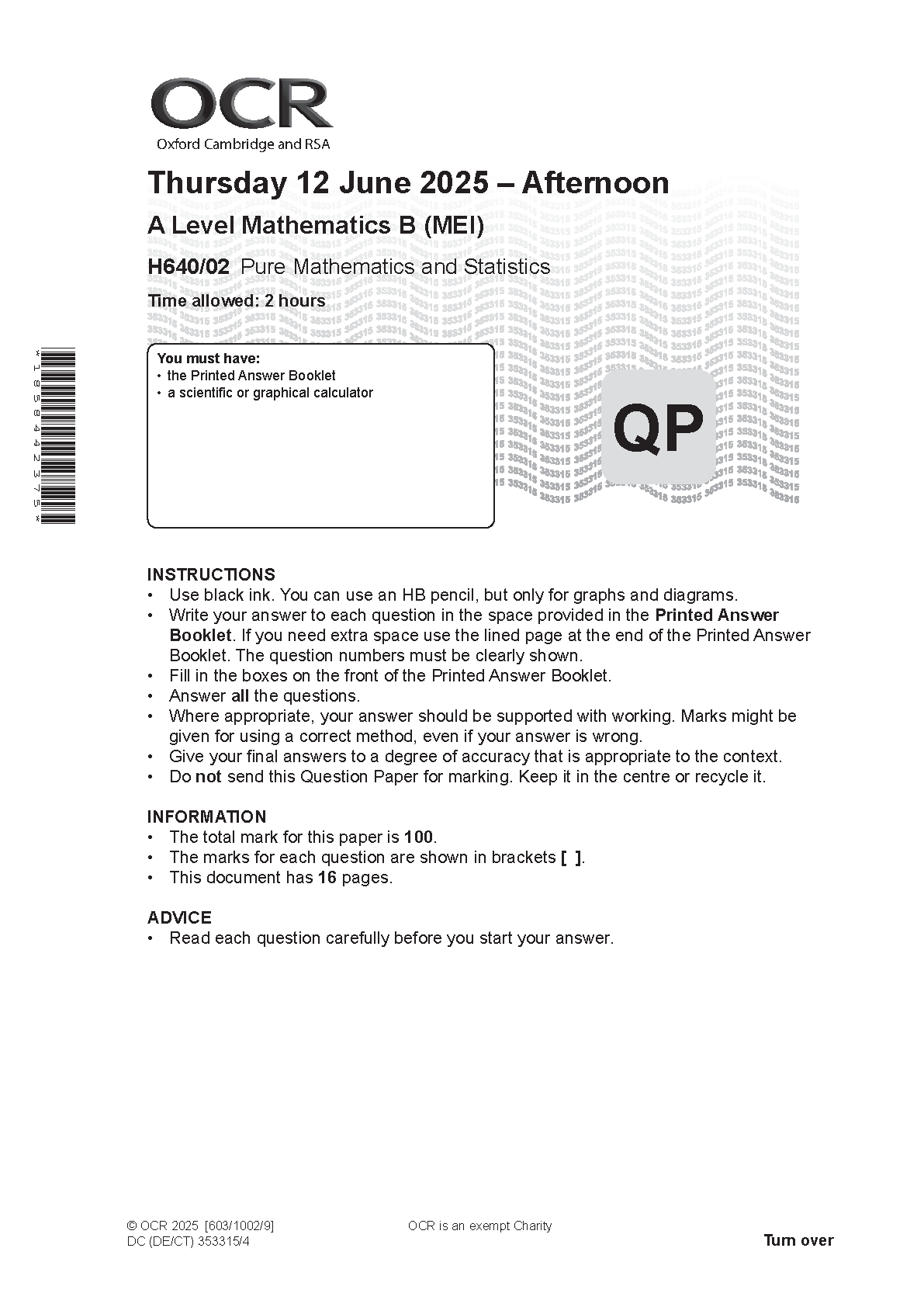 OCR A Level Mathematics B MEI Paper 2 2025 Question Paper