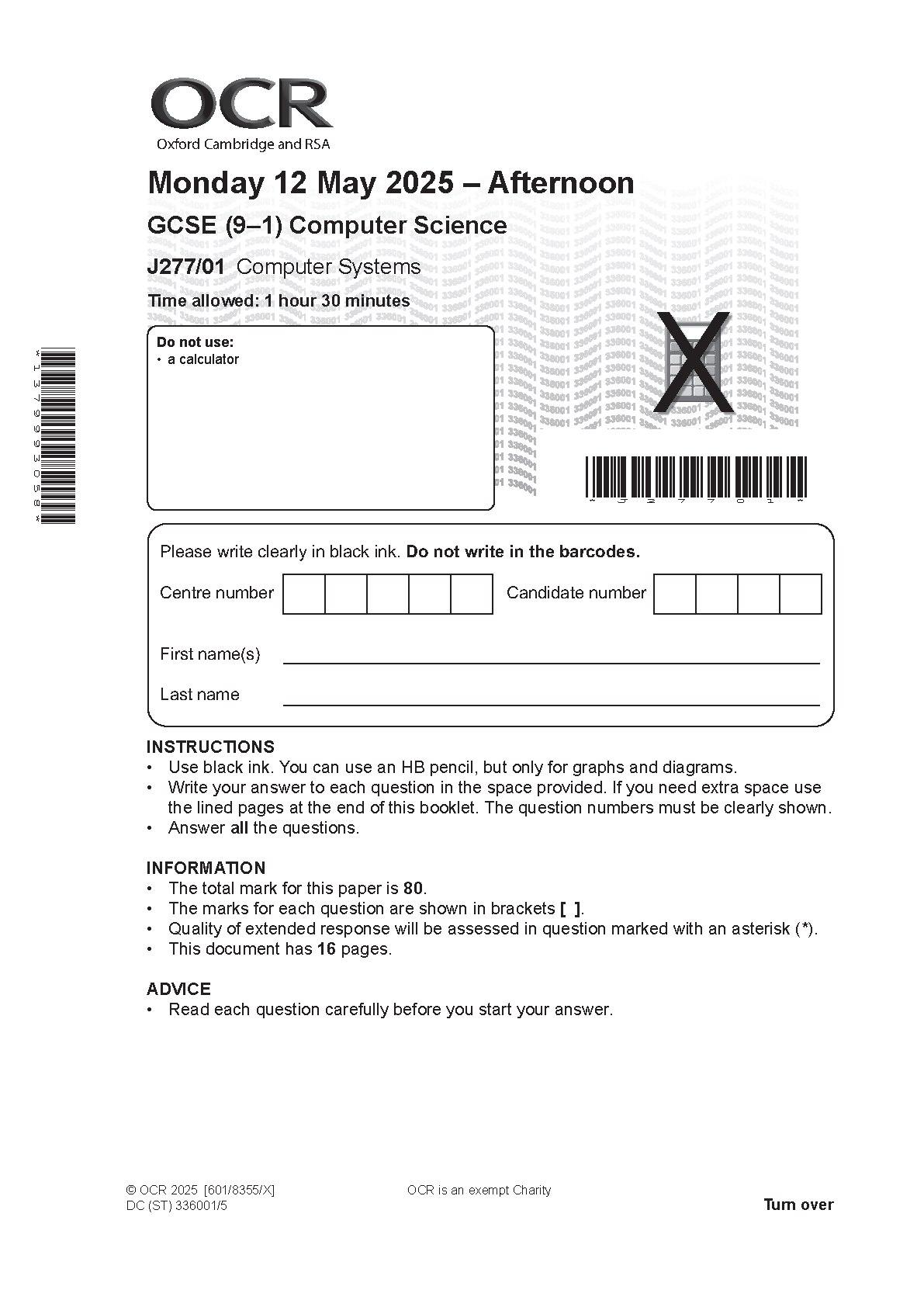 OCR GCSE Computer Science Paper 1 2025 Question Paper