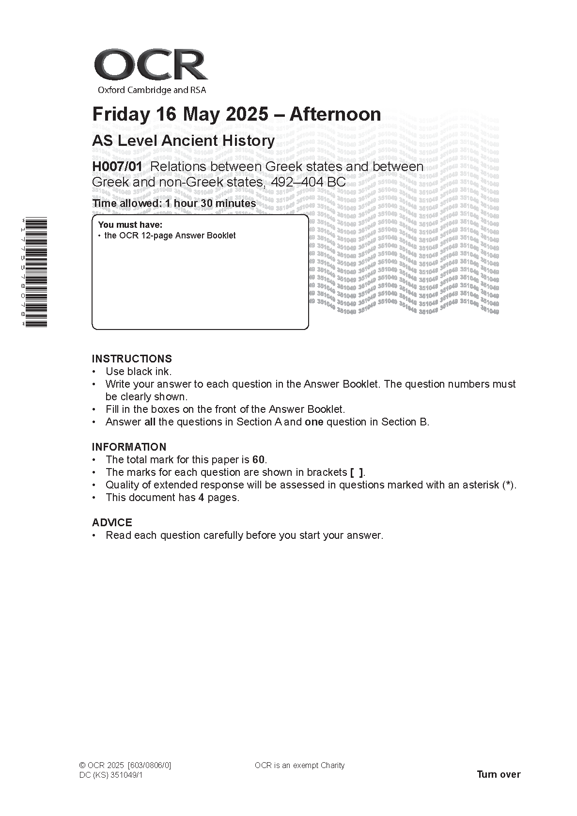 OCR AS Level Ancient History Paper 1 2025 Question Paper