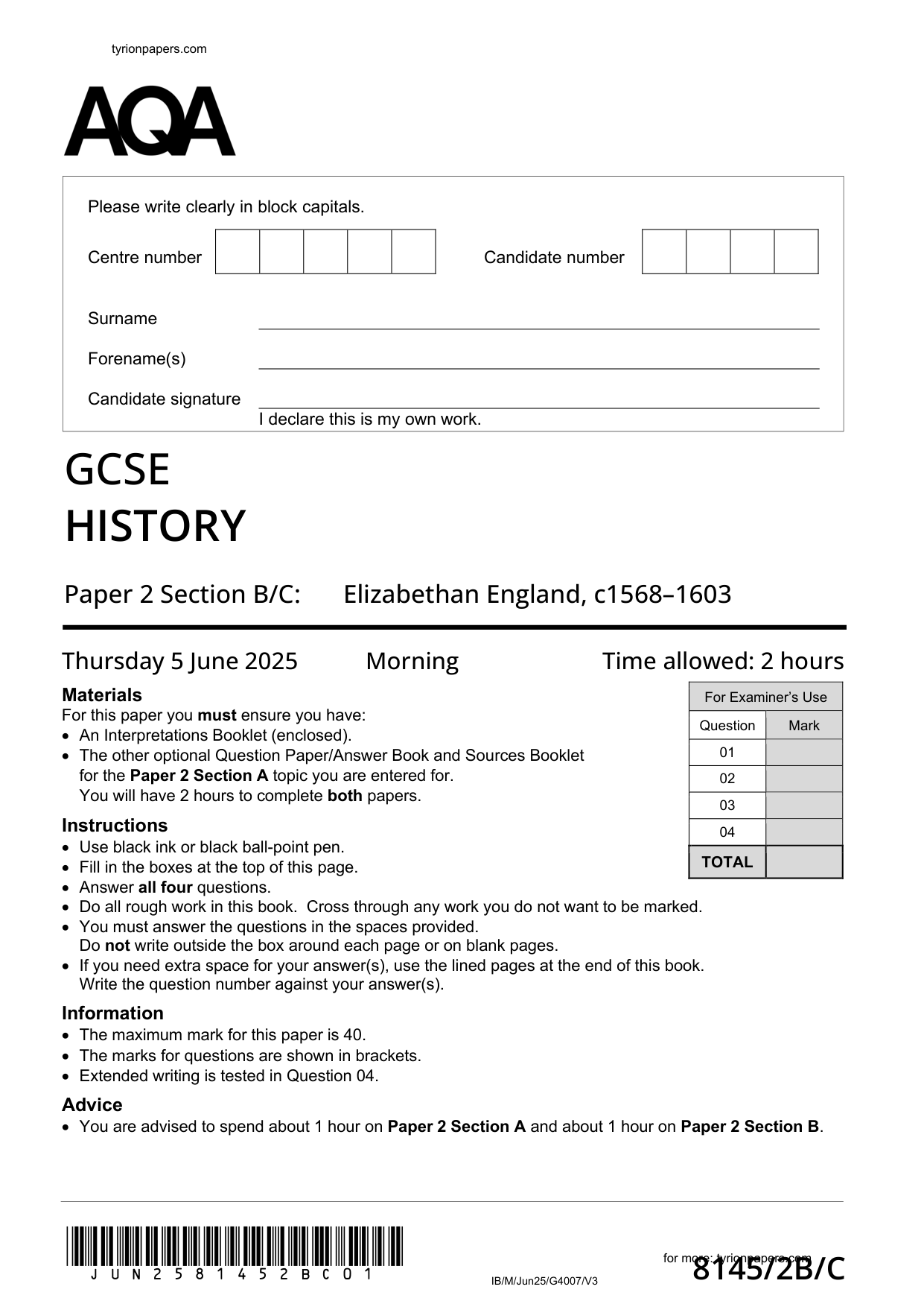 AQA GCSE History Paper 2B Section B/C 2025 Question Paper