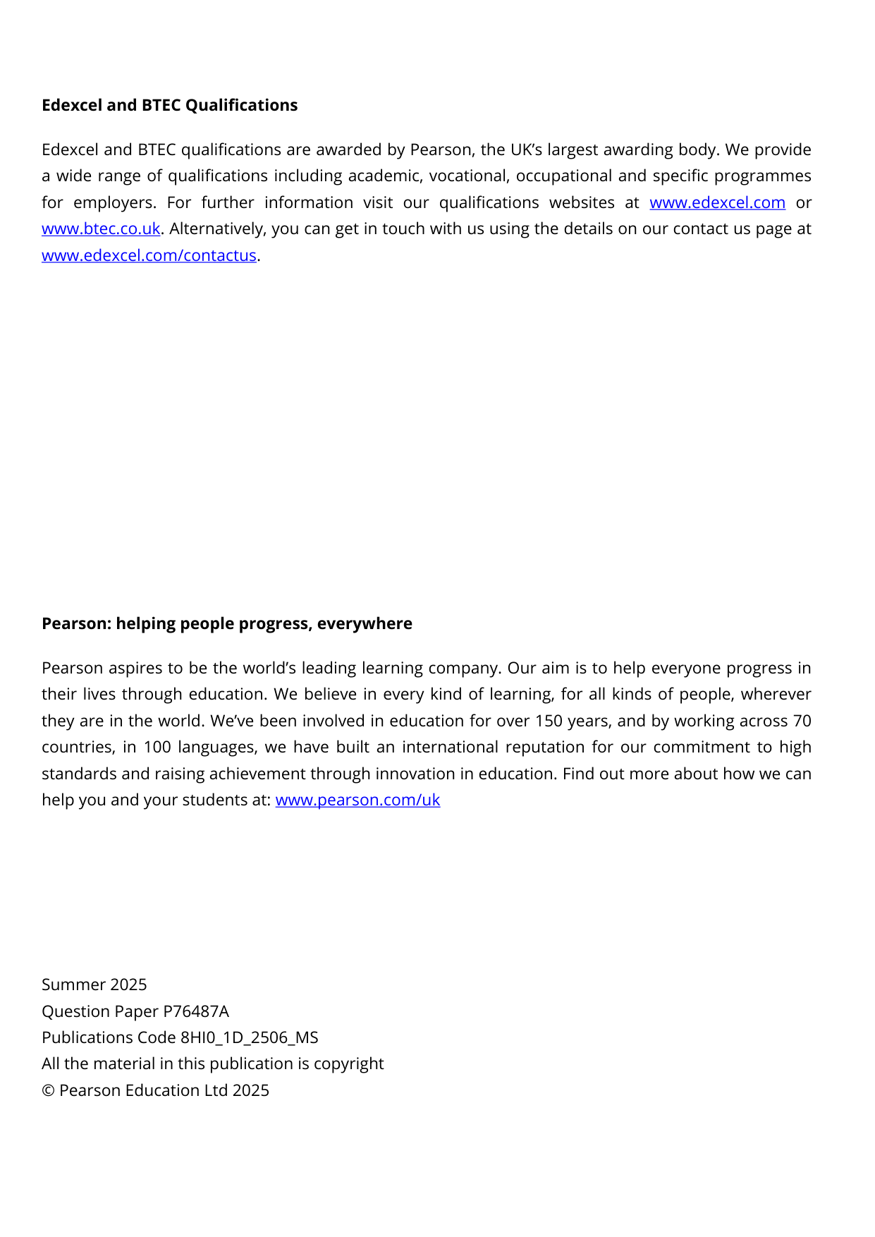 Pearson Edexcel AS History Paper 1D 2025 Mark Scheme PDF